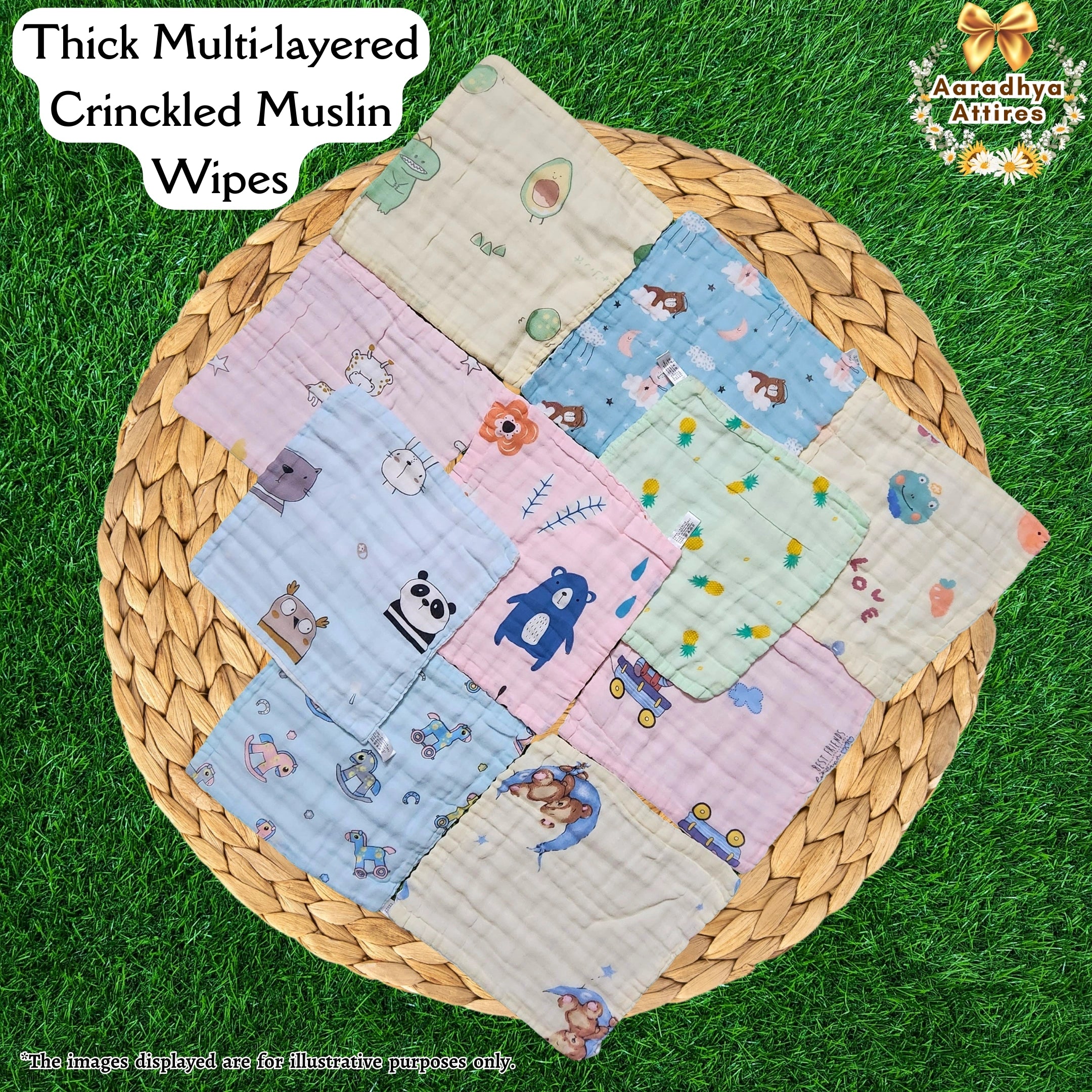 Imported Wipes - Blue Animals - 24cm X 24cm (Multi-Layered Organic Crinkled Muslin Cotton)