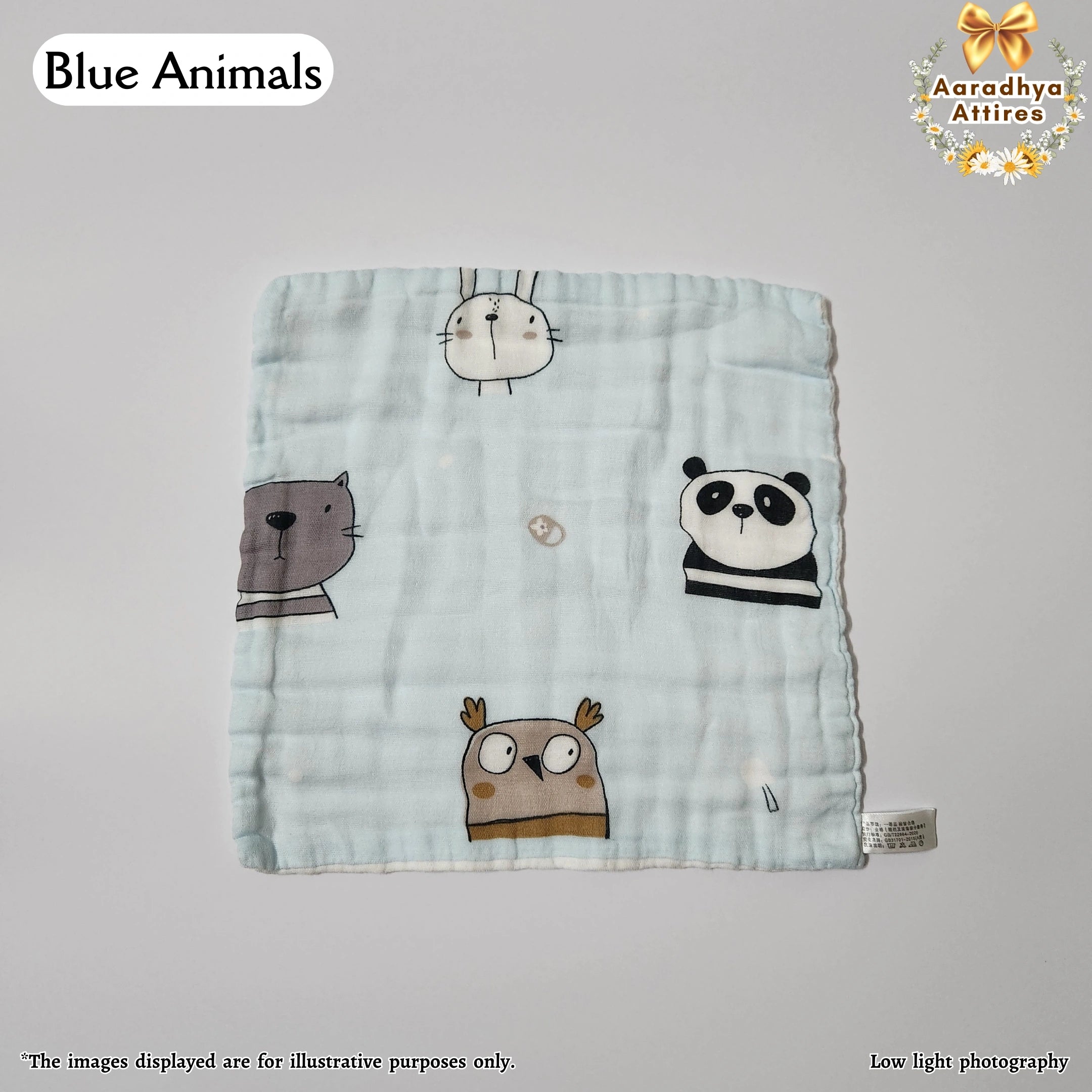 Imported Wipes - Blue Animals - 24cm X 24cm (Multi-Layered Organic Crinkled Muslin Cotton)