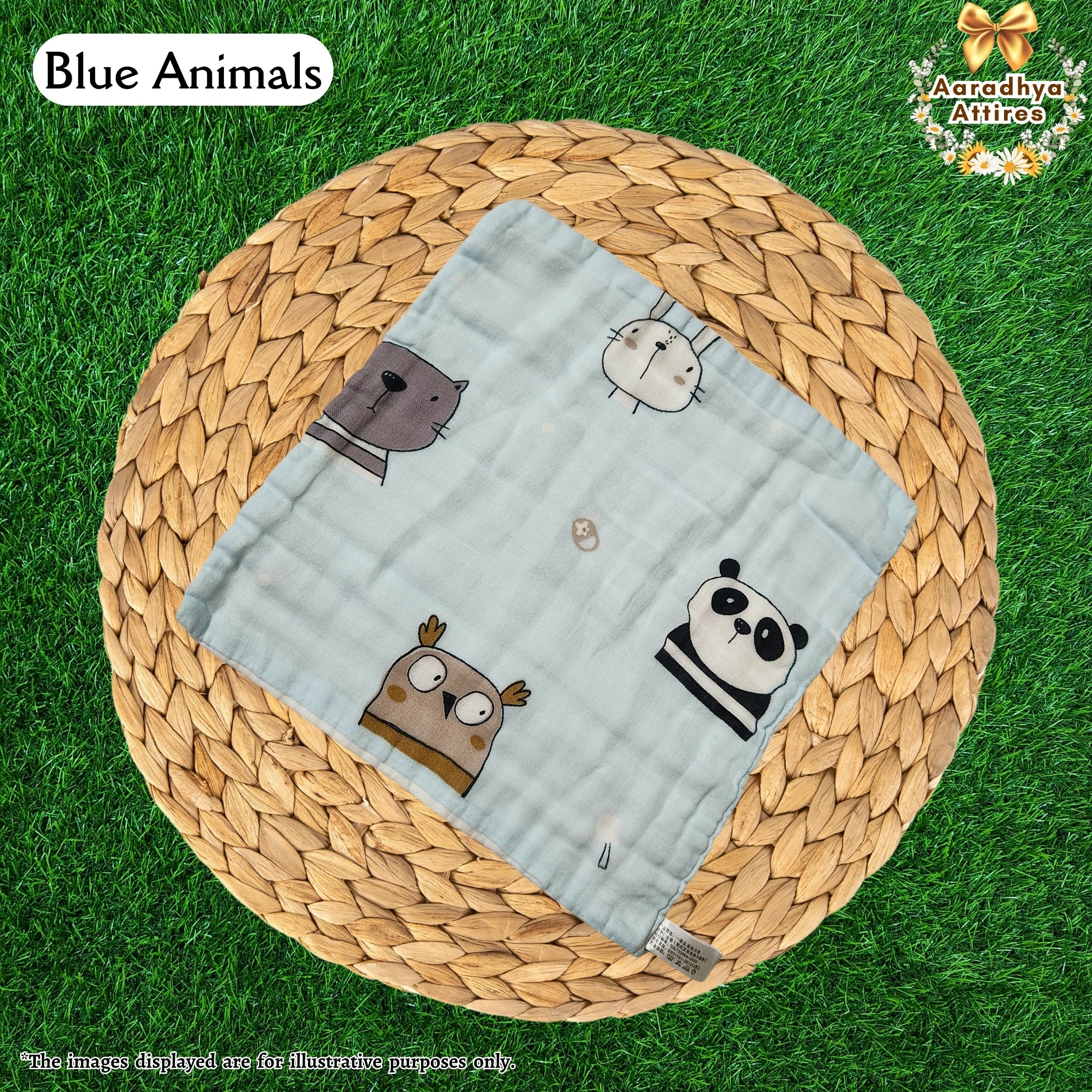 Imported Wipes - Blue Animals - 24cm X 24cm (Multi-Layered Organic Crinkled Muslin Cotton)
