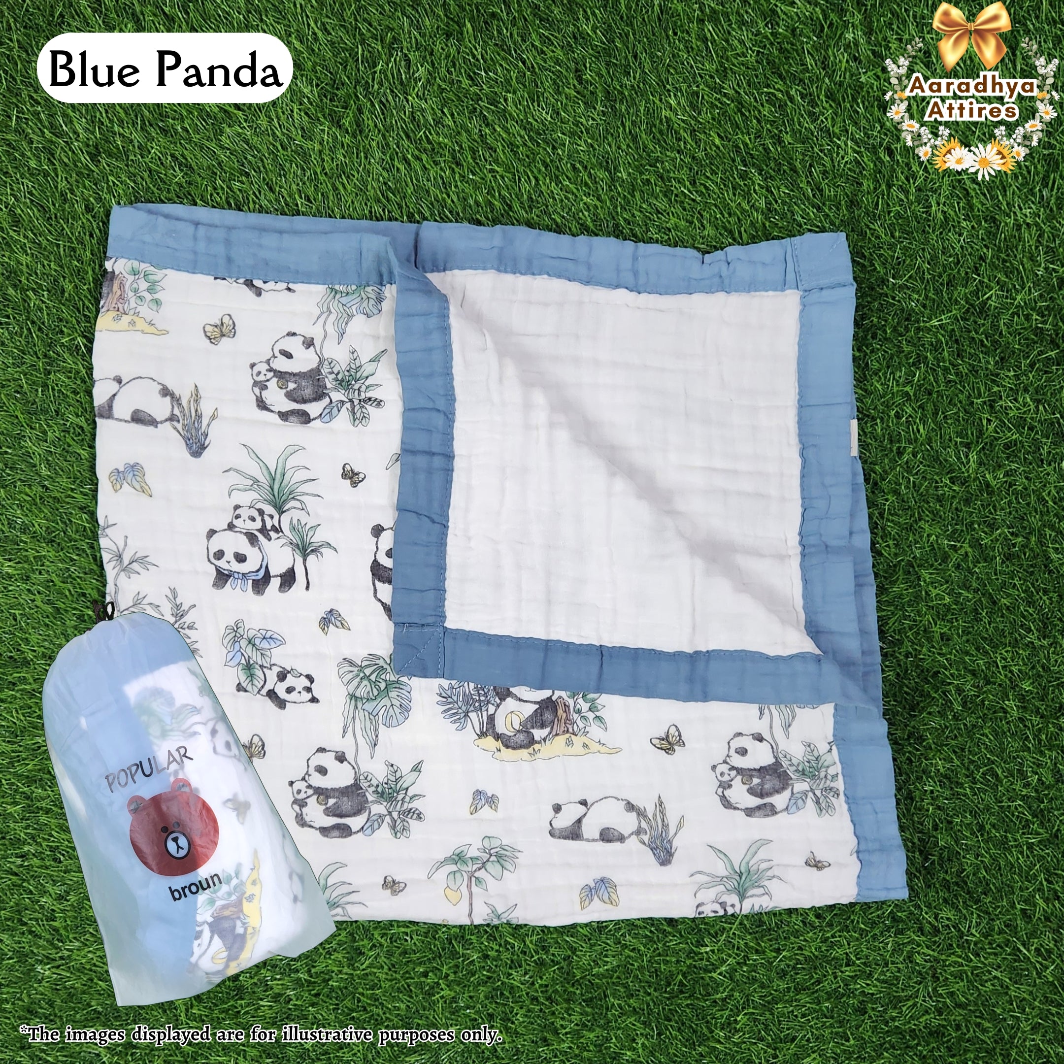 Imported Blanket - Blue Panda -100 x 100 CM (6 Layered Organic Crinkled Muslin Cotton)