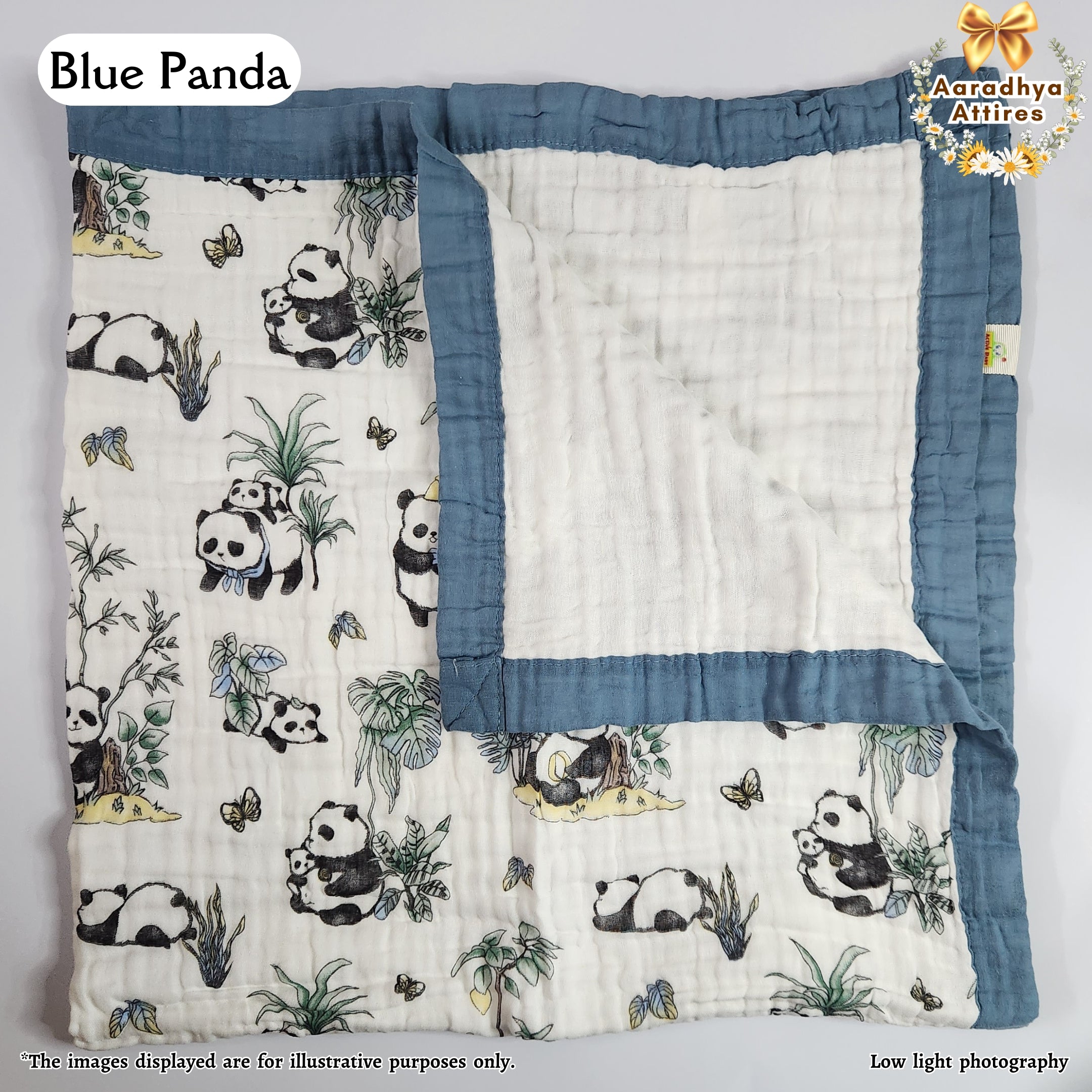 Imported Blanket - Blue Panda -100 x 100 CM (6 Layered Organic Crinkled Muslin Cotton)