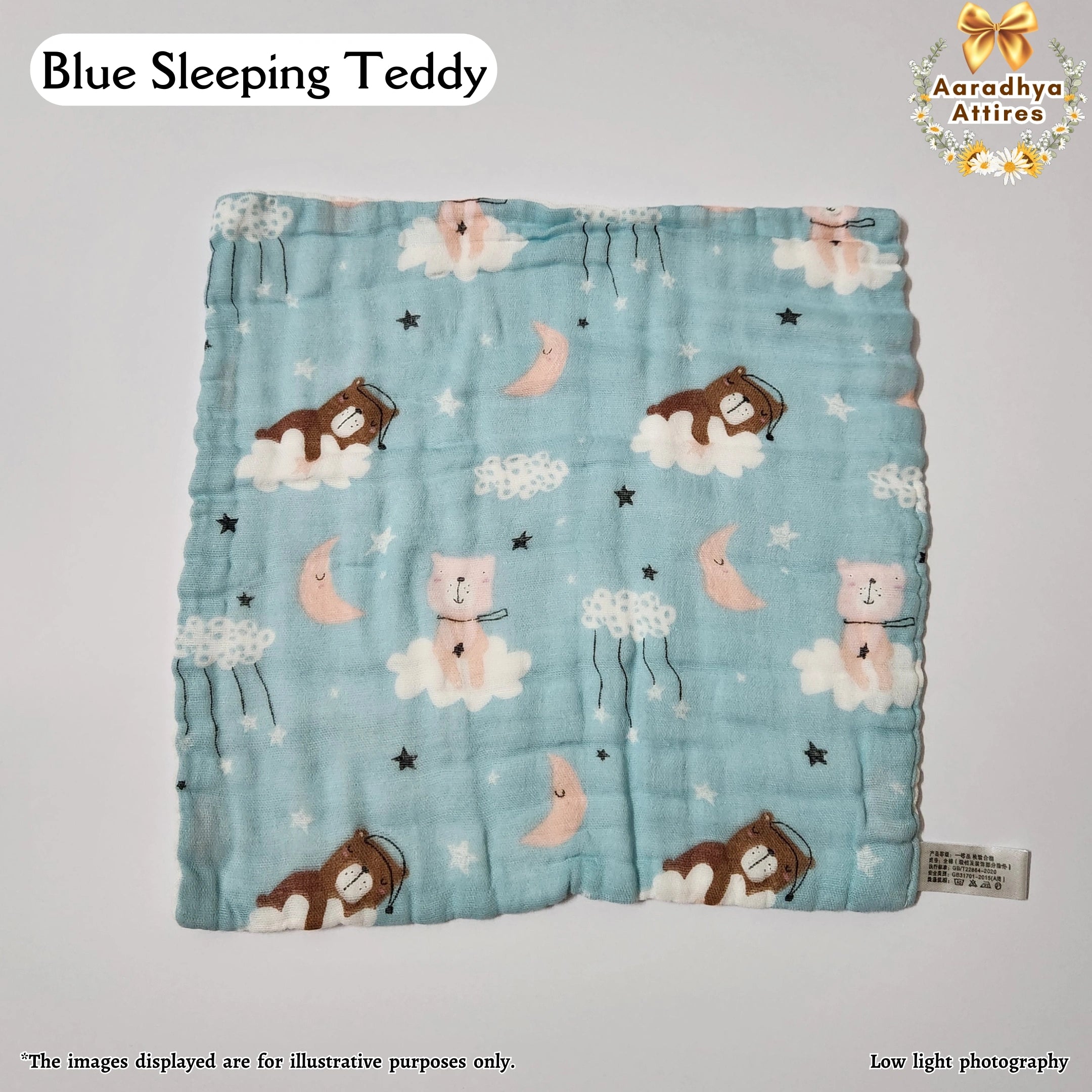 Imported Wipes - Blue Sleeping Teddy - 24cm X 24cm (Multi-Layered Organic Crinkled Muslin Cotton)