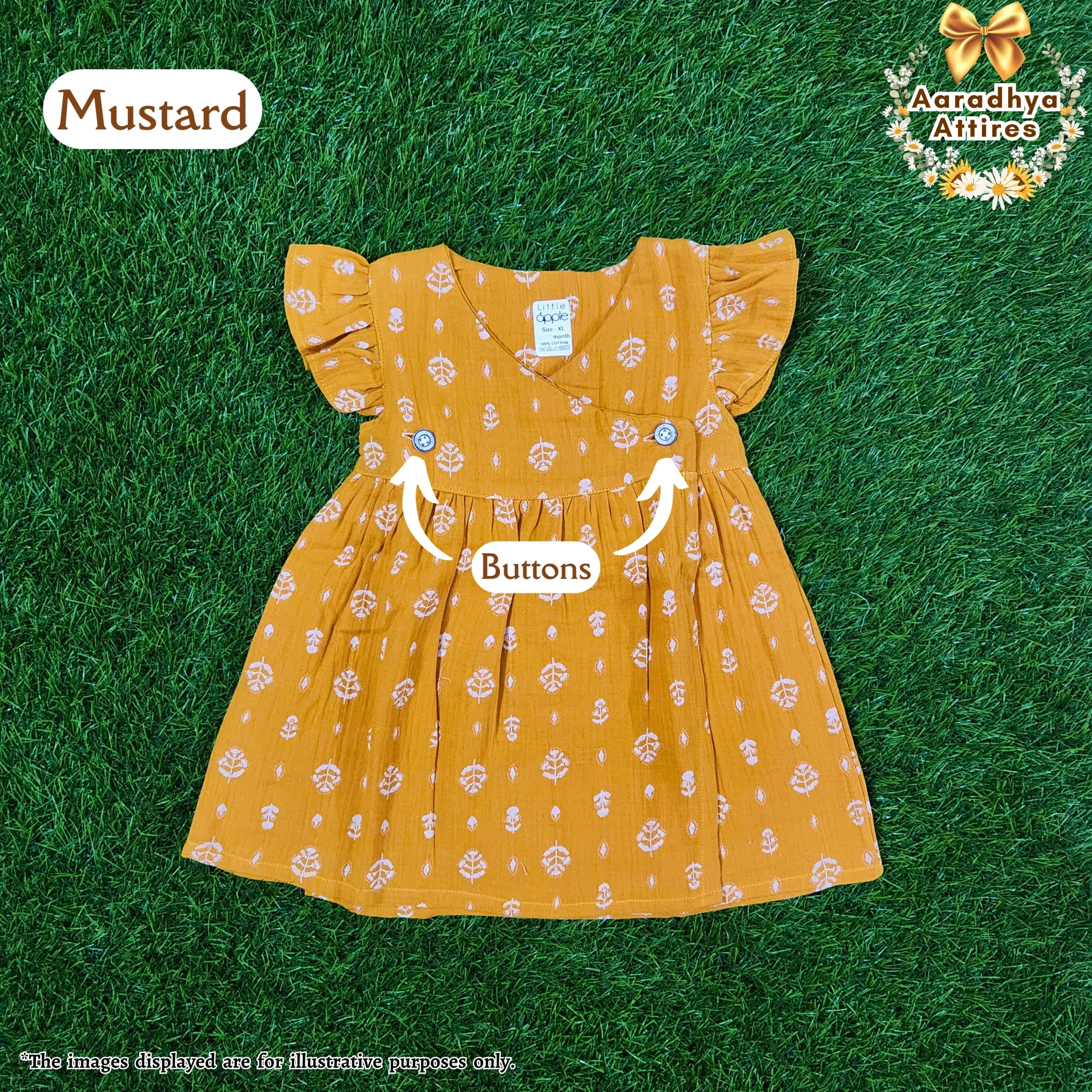 Cross Wrap Button Frock - Crinkled Muslin - Mustard. (18 - 24 Month)