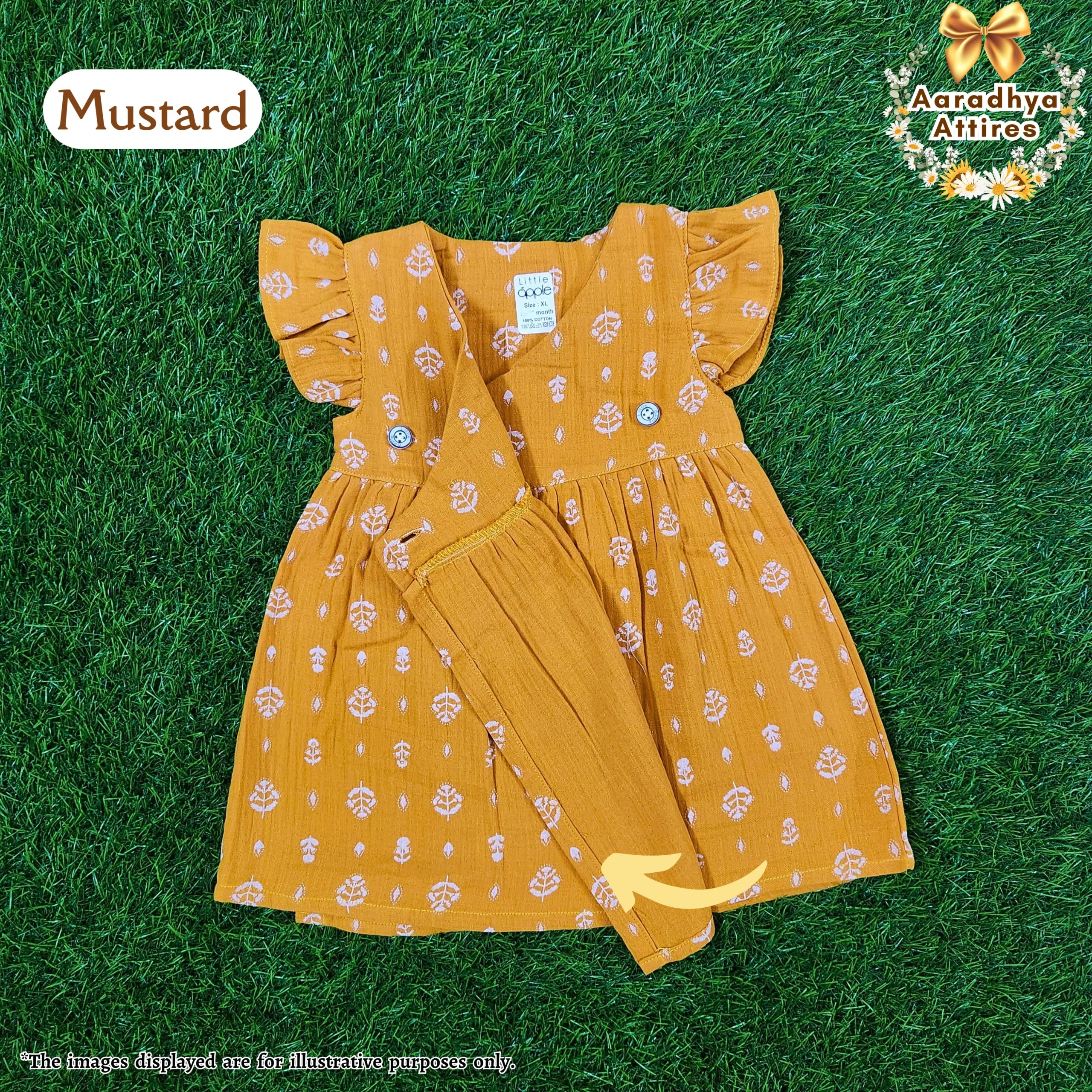 Cross Wrap Button Frock - Crinkled Muslin - Mustard. (18 - 24 Month)