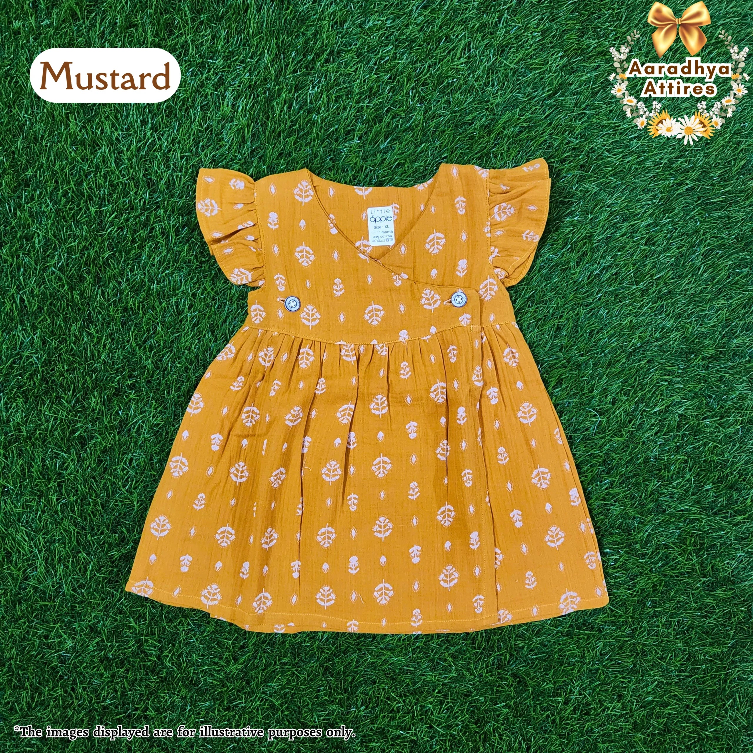 Cross Wrap Button Frock - Crinkled Muslin - Mustard. (18 - 24 Month)