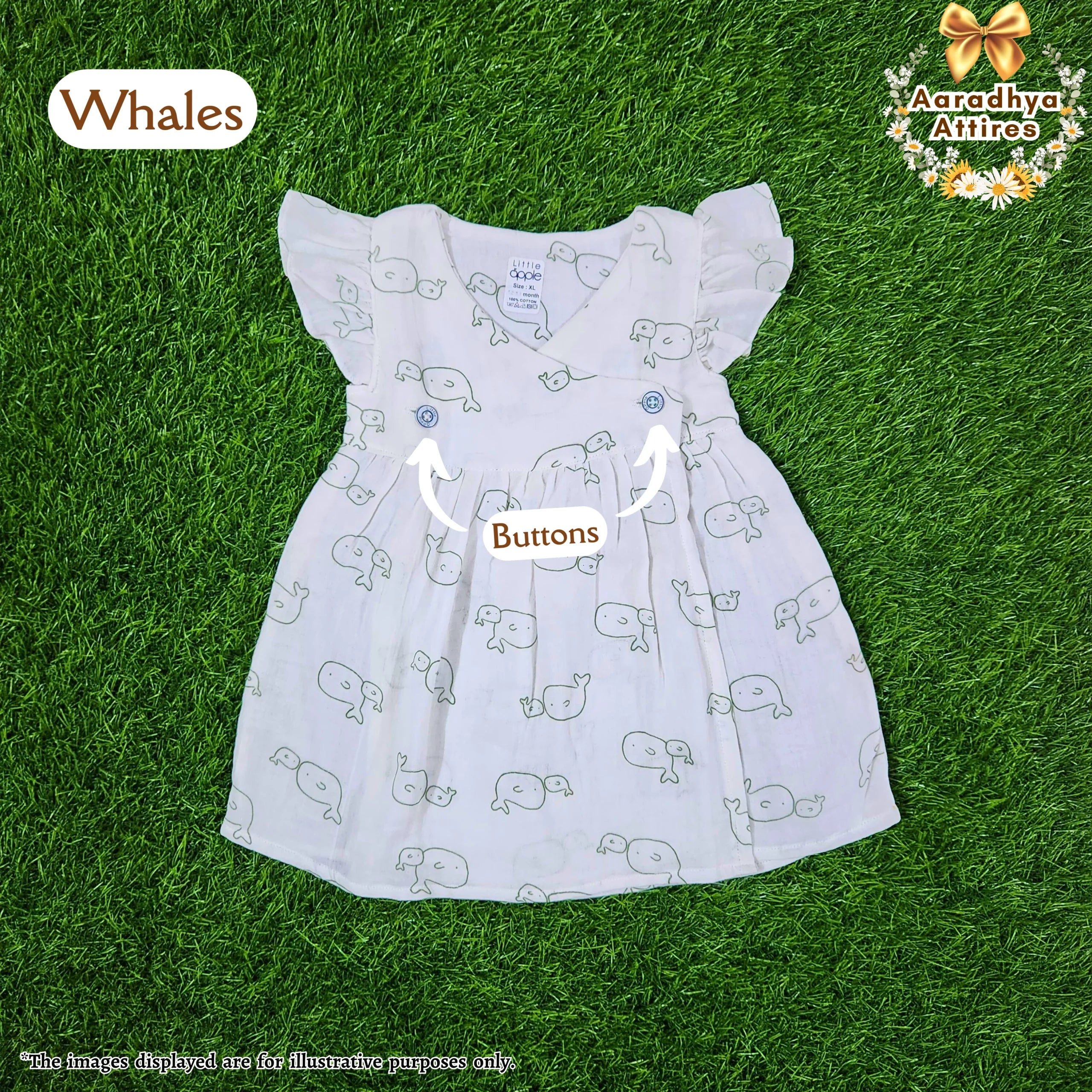 Cross Wrap Button Frock - Crinkled Muslin - Whales. (12 - 18 Month)
