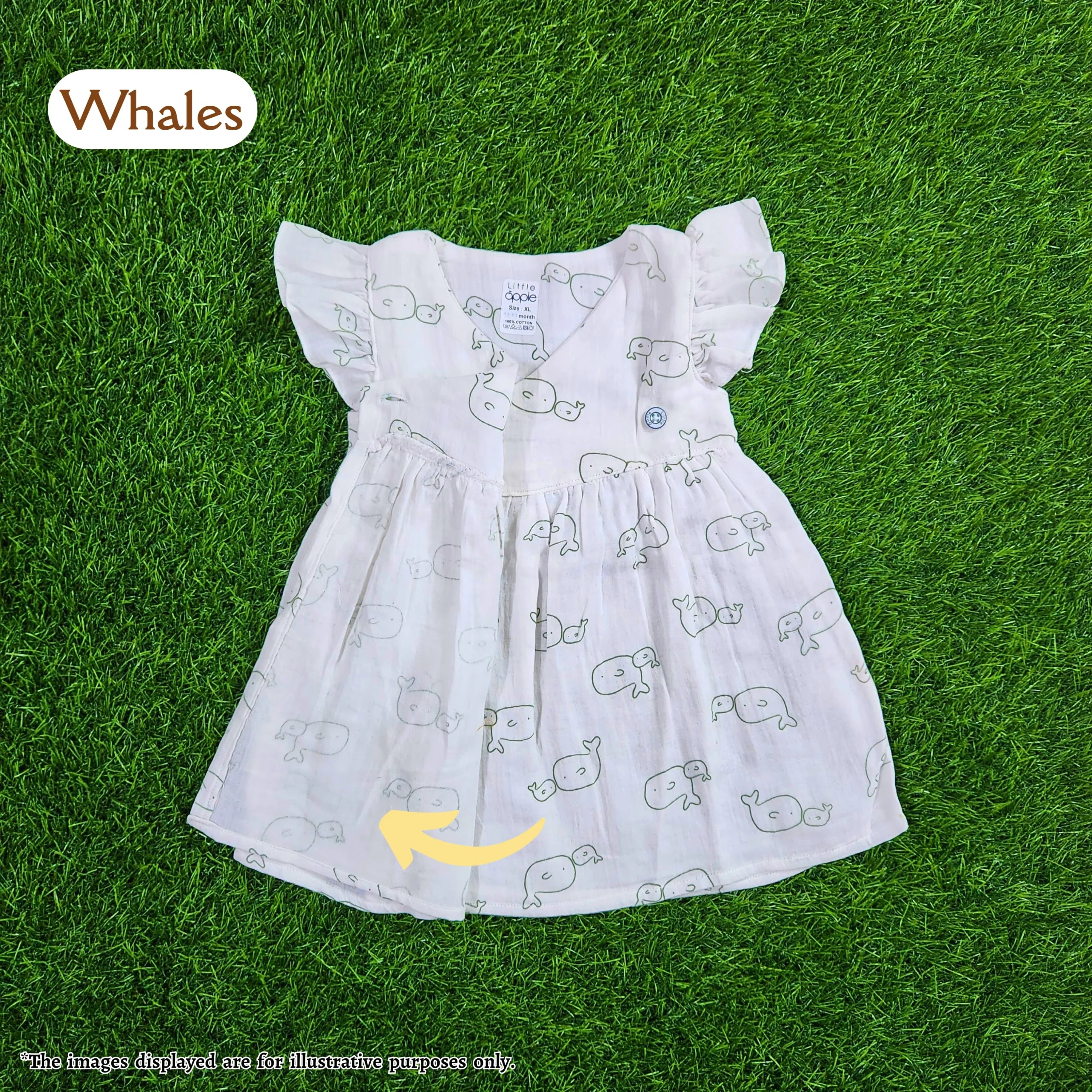 Cross Wrap Button Frock - Crinkled Muslin - Whales. (12 - 18 Month)