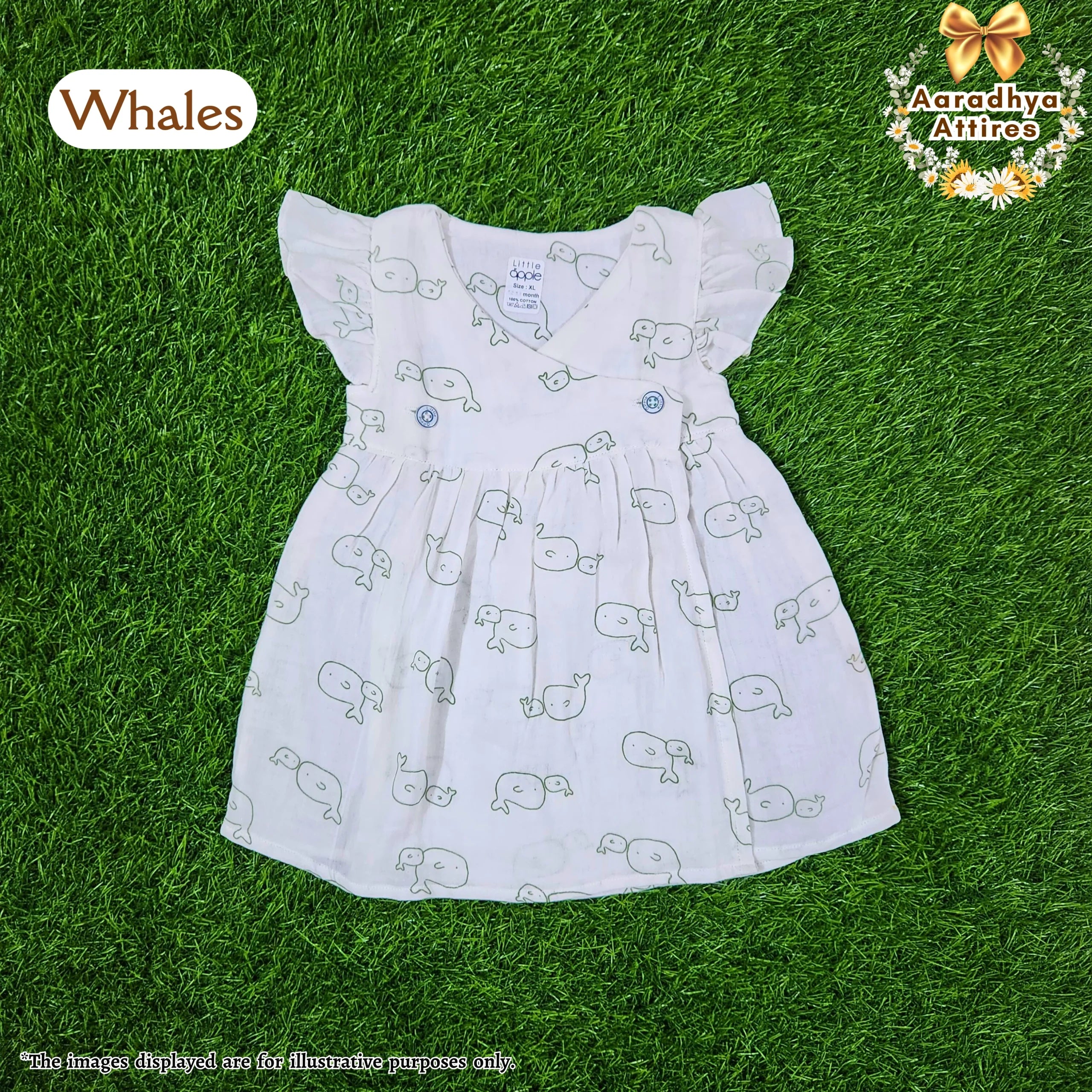 Cross Wrap Button Frock - Crinkled Muslin - Whales. (12 - 18 Month)