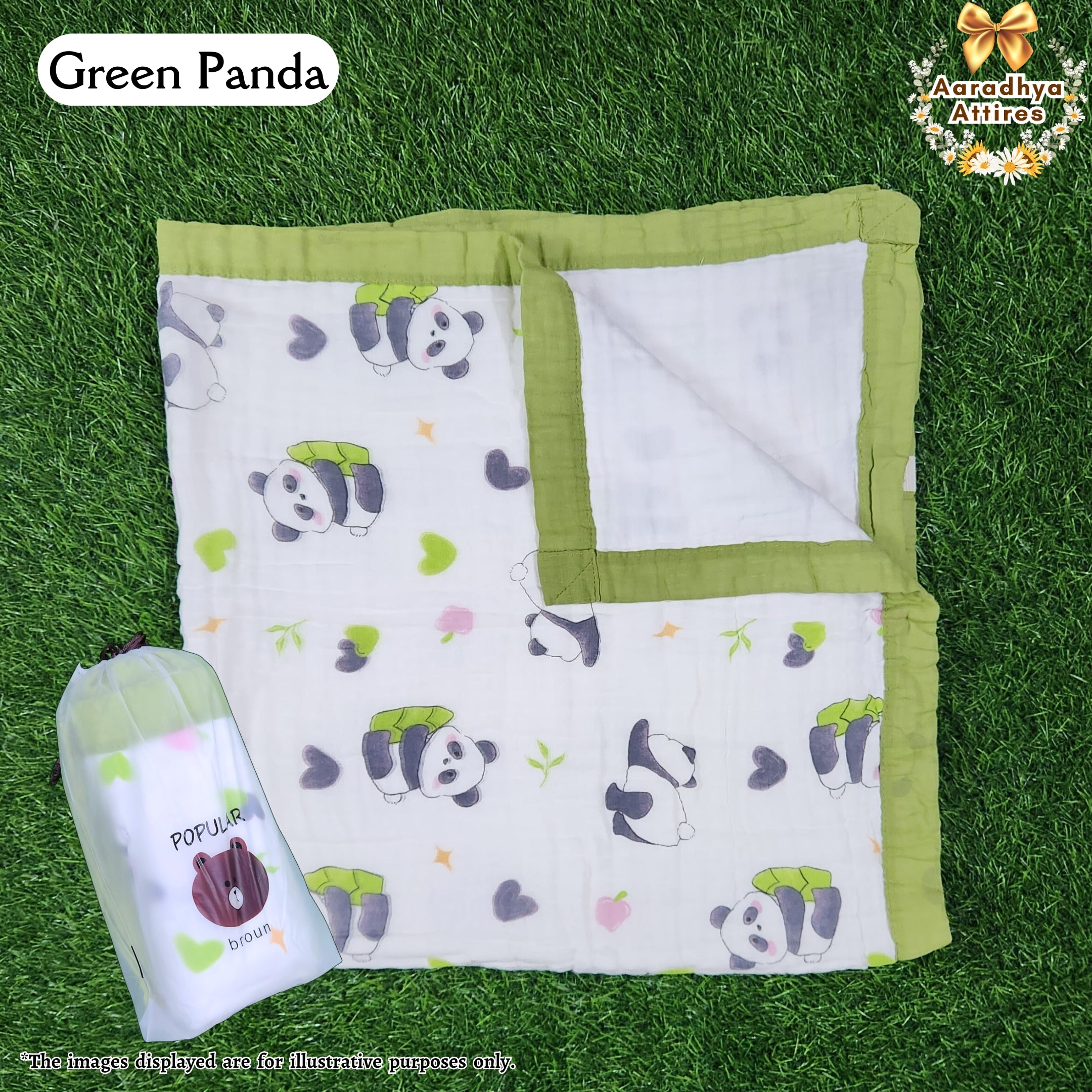 Imported Blanket - Green Panda -100 x 100 CM (6 Layered Organic Crinkled Muslin Cotton)