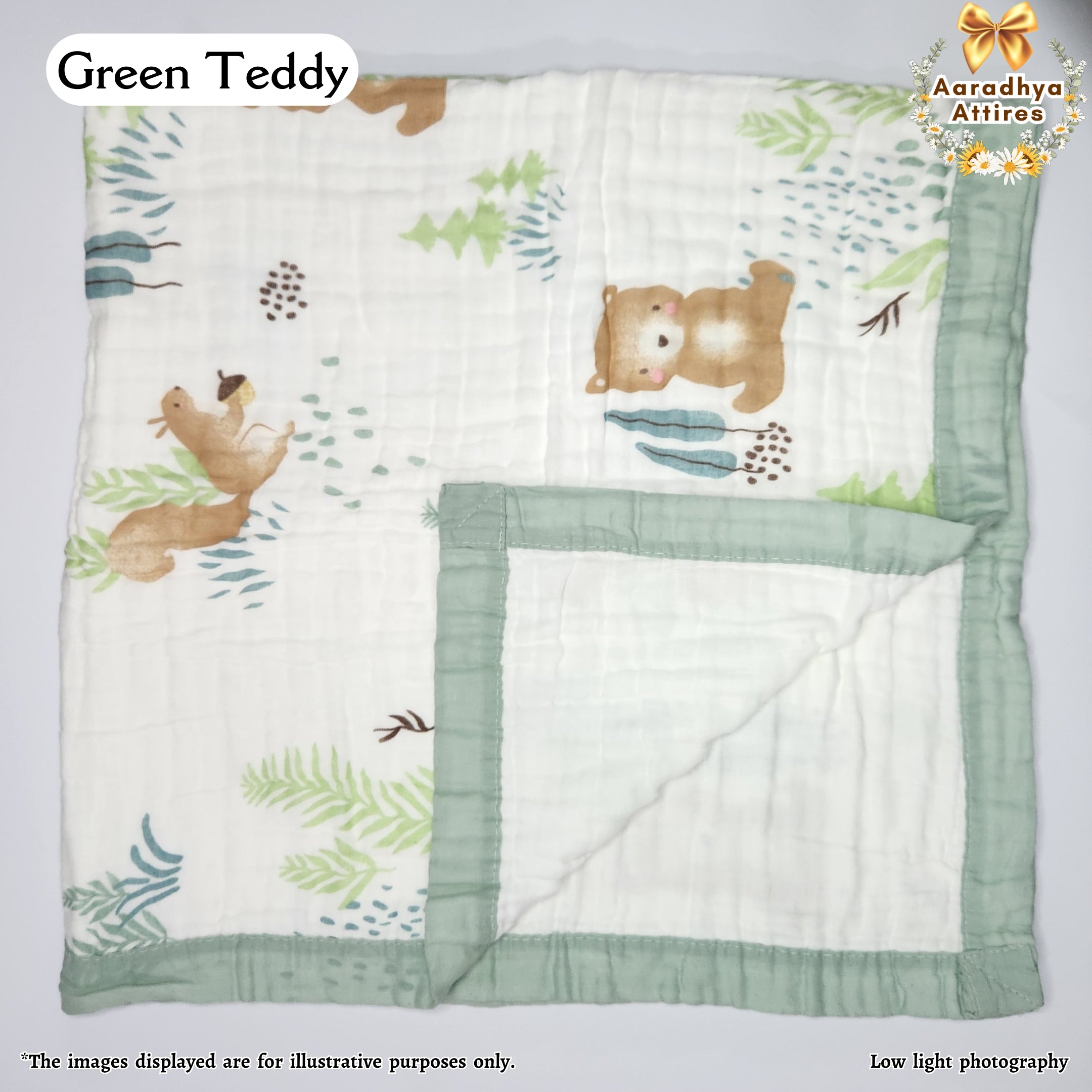 Imported Blanket - Green Teddy -100 x 100 CM (6 Layered Organic Crinkled Muslin Cotton)