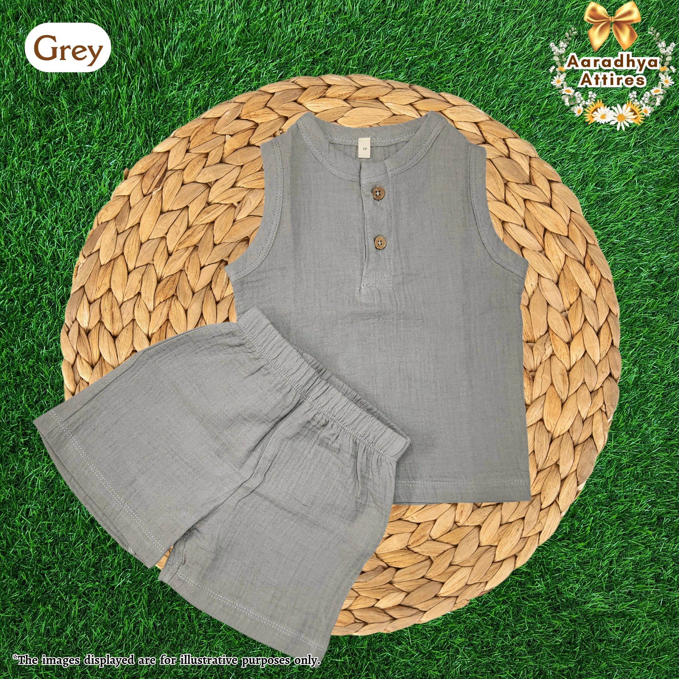 Co-Ord Set Sleeveless & Short - Grey (Thick Crinkled Muslin Cotton) (Size: 2 year)
