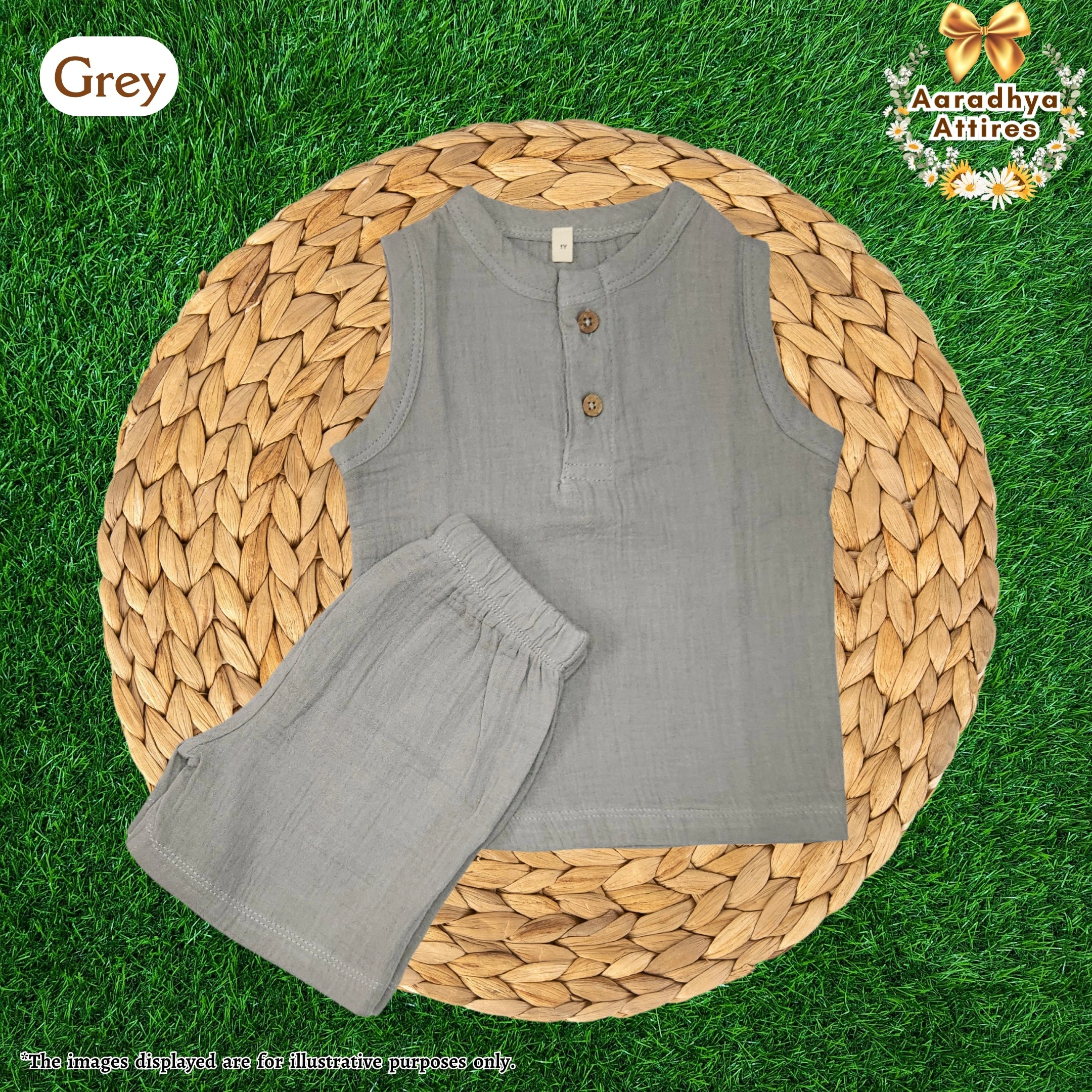Co-Ord Set Sleeveless & Short - Grey (Thick Crinkled Muslin Cotton) (Size: 2 year)