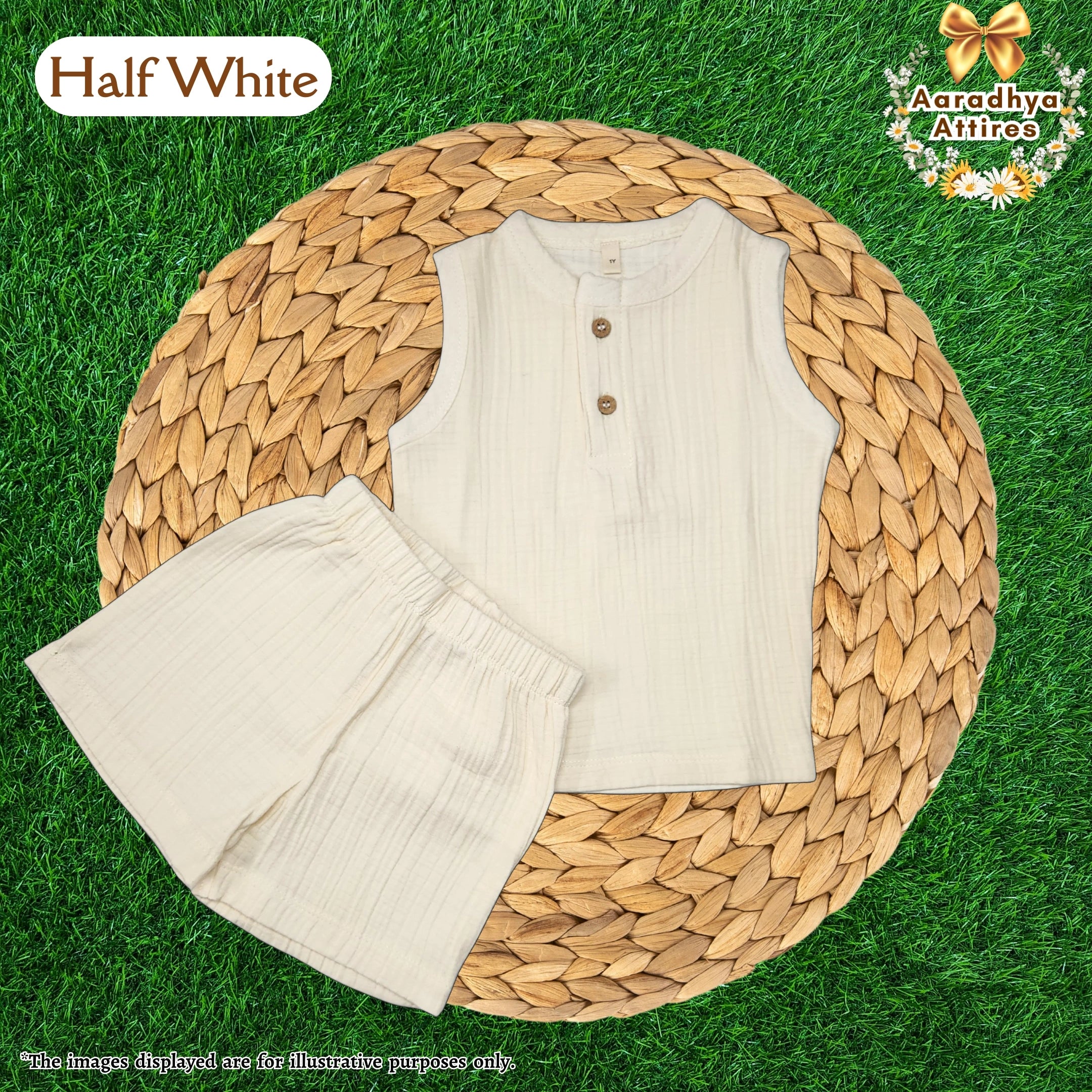 Co-Ord Set Sleeveless & Short - Half White (Thick Crinkled Muslin Cotton) (Size: 2 year)