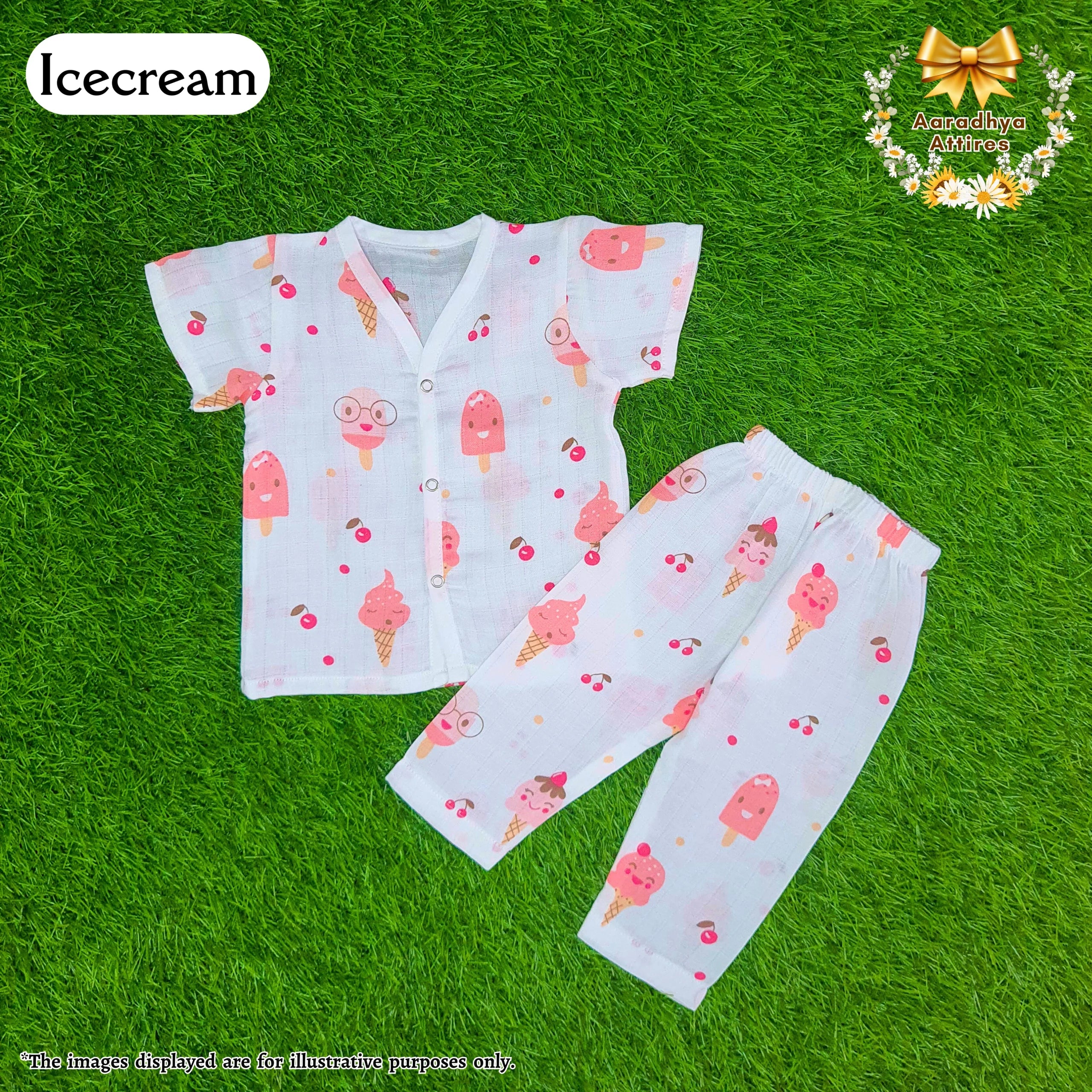 Co-Ord Set Half Sleeve & Pant - Icecream Cherry. (0-3 Month)