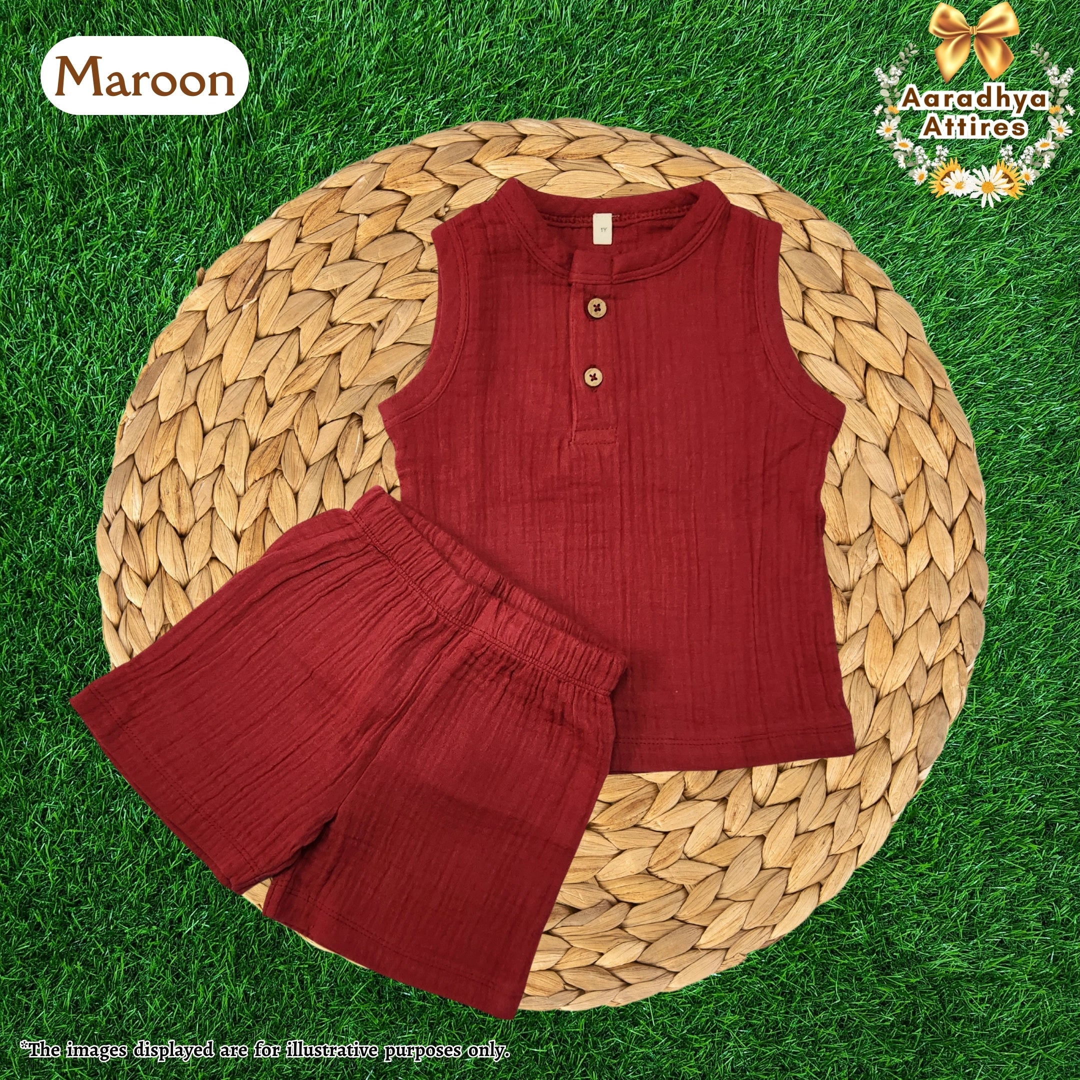 Co-Ord Set Sleeveless & Short - Maroon (Thick Crinkled Muslin Cotton) (Size: 2 year)