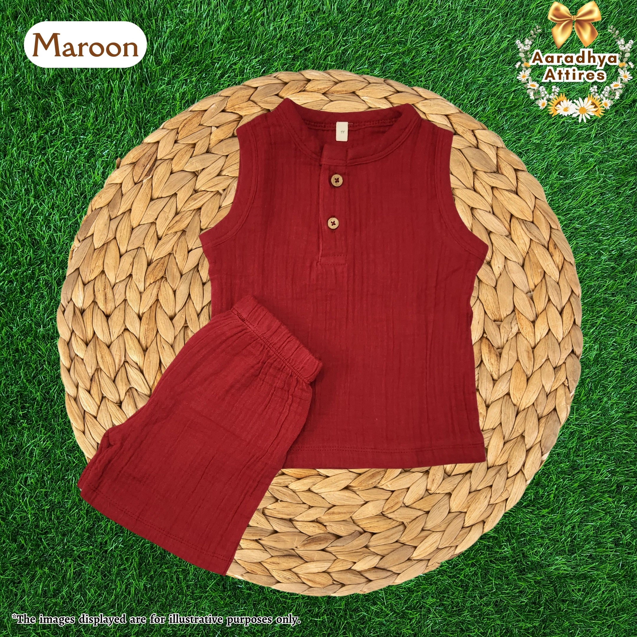 Co-Ord Set Sleeveless & Short - Maroon (Thick Crinkled Muslin Cotton) (Size: 2 year)