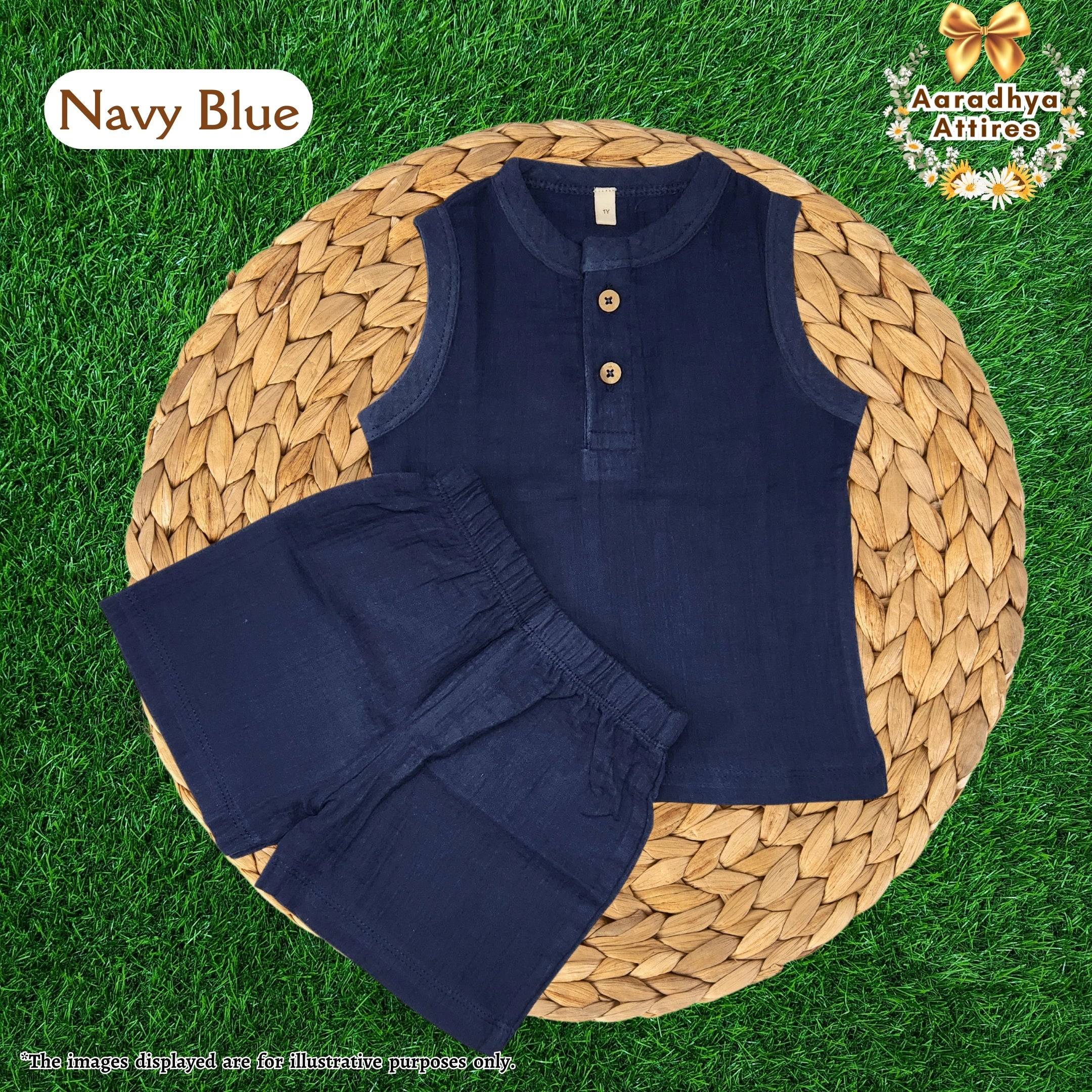 Co-Ord Set Sleeveless & Short - Navy Blue (Thick Crinkled Muslin Cotton) (Size: 2 year)