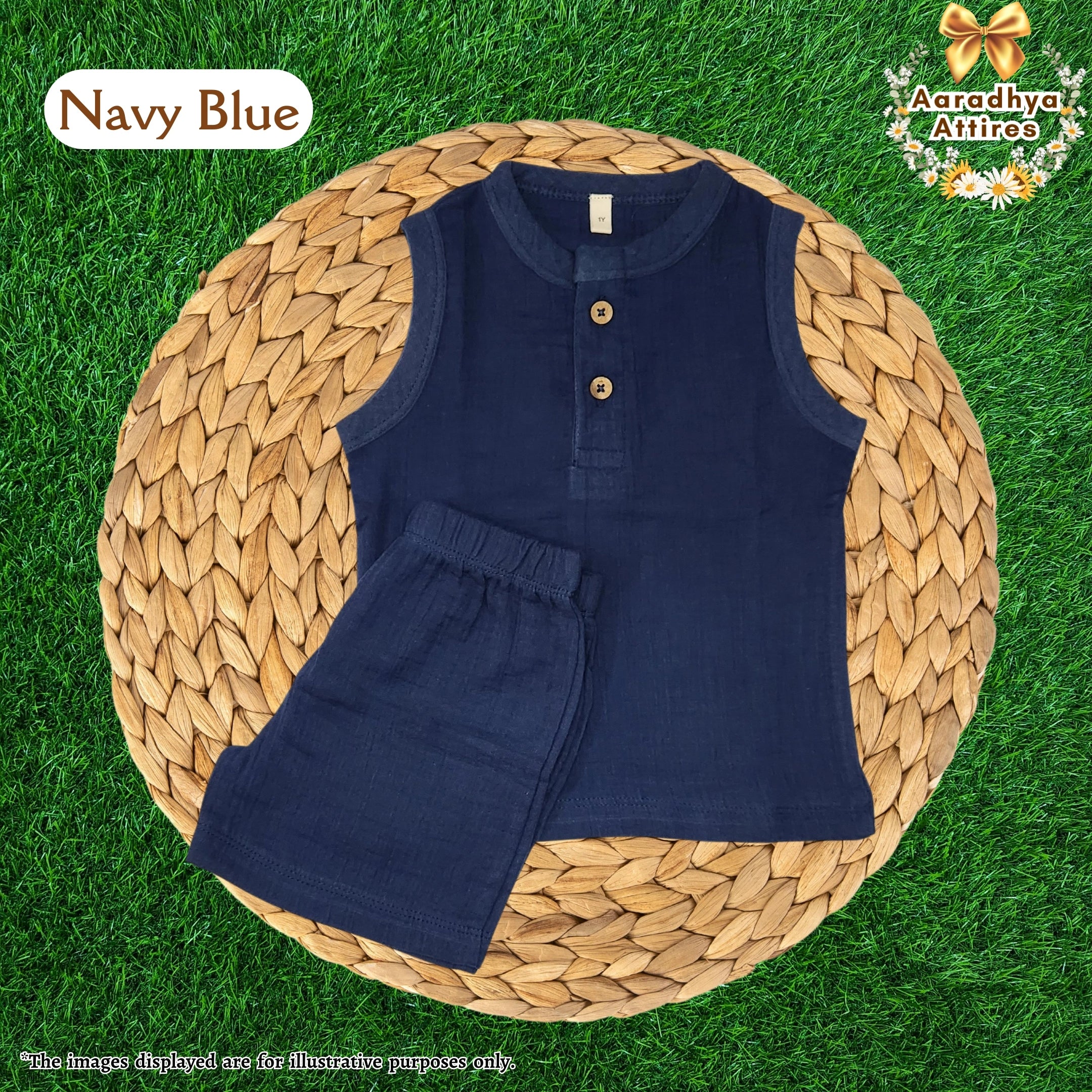 Co-Ord Set Sleeveless & Short - Navy Blue (Thick Crinkled Muslin Cotton) (Size: 2 year)