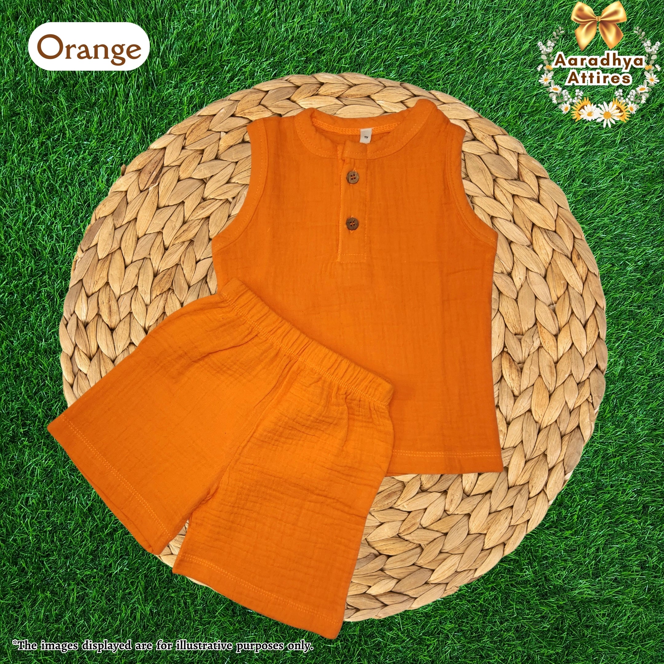 Co-Ord Set Sleeveless & Short - Orange (Thick Crinkled Muslin Cotton) (Size: 2 year)