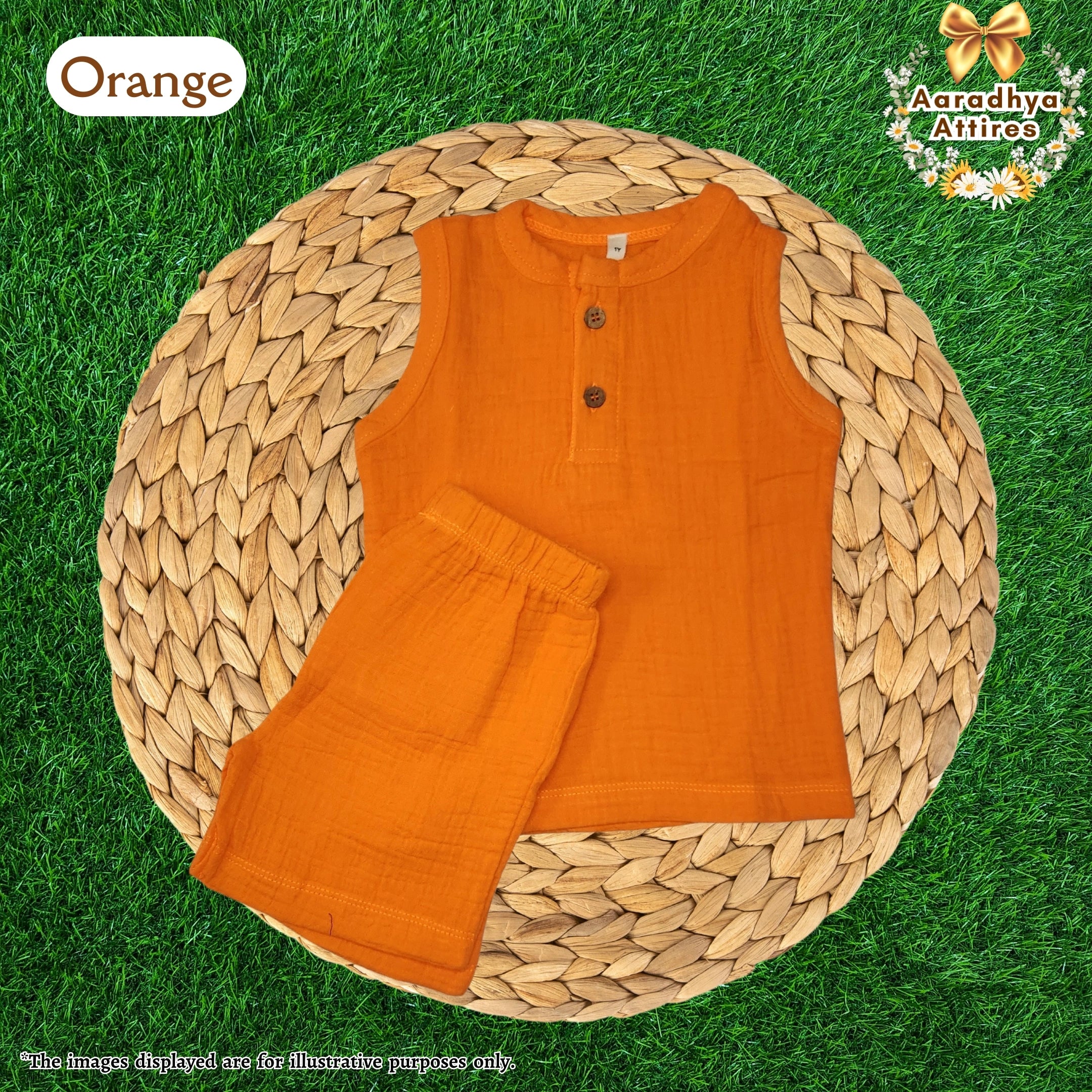 Co-Ord Set Sleeveless & Short - Orange (Thick Crinkled Muslin Cotton) (Size: 2 year)