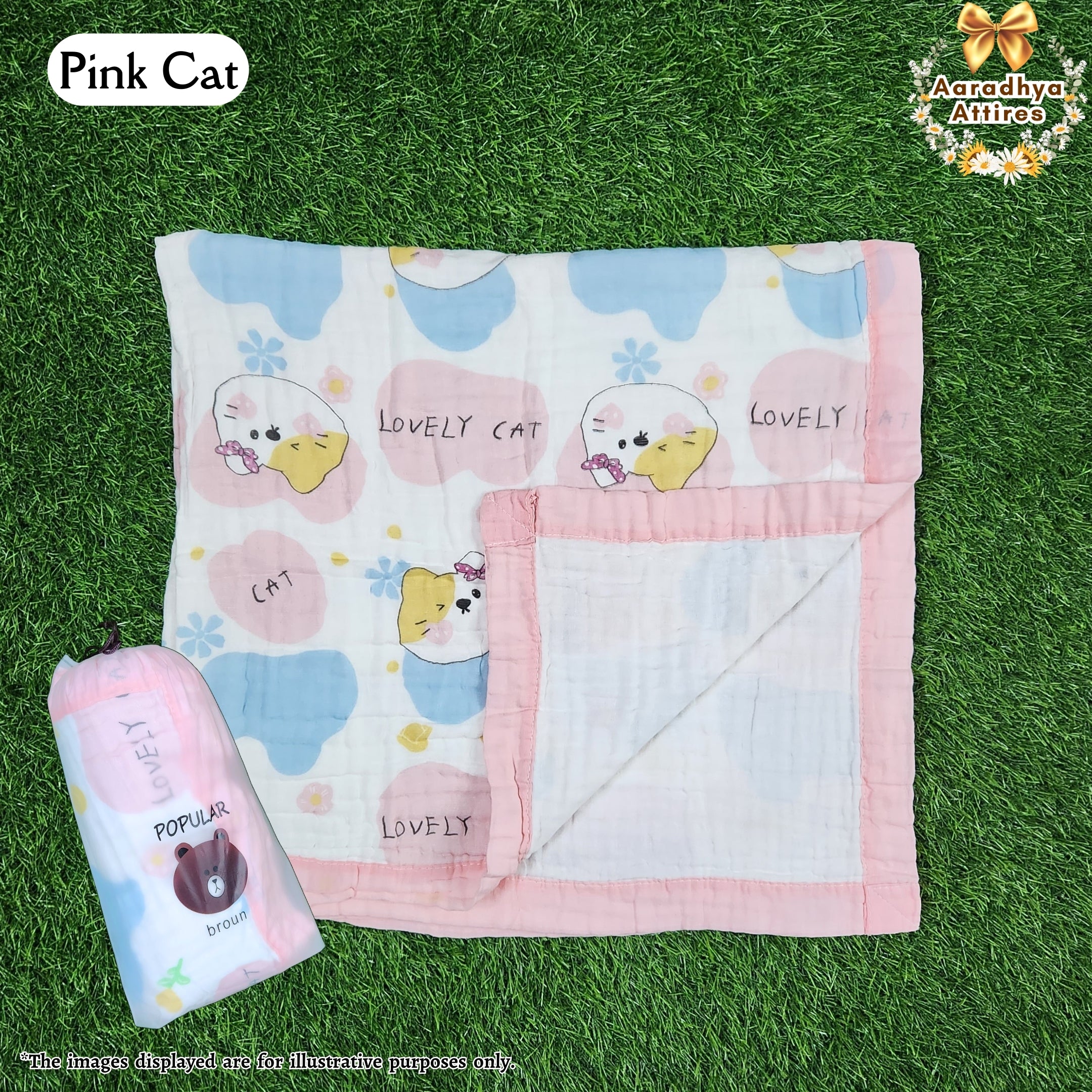 Imported Blanket - Pink Cat -100 x 100 CM (6 Layered Organic Crinkled Muslin Cotton)