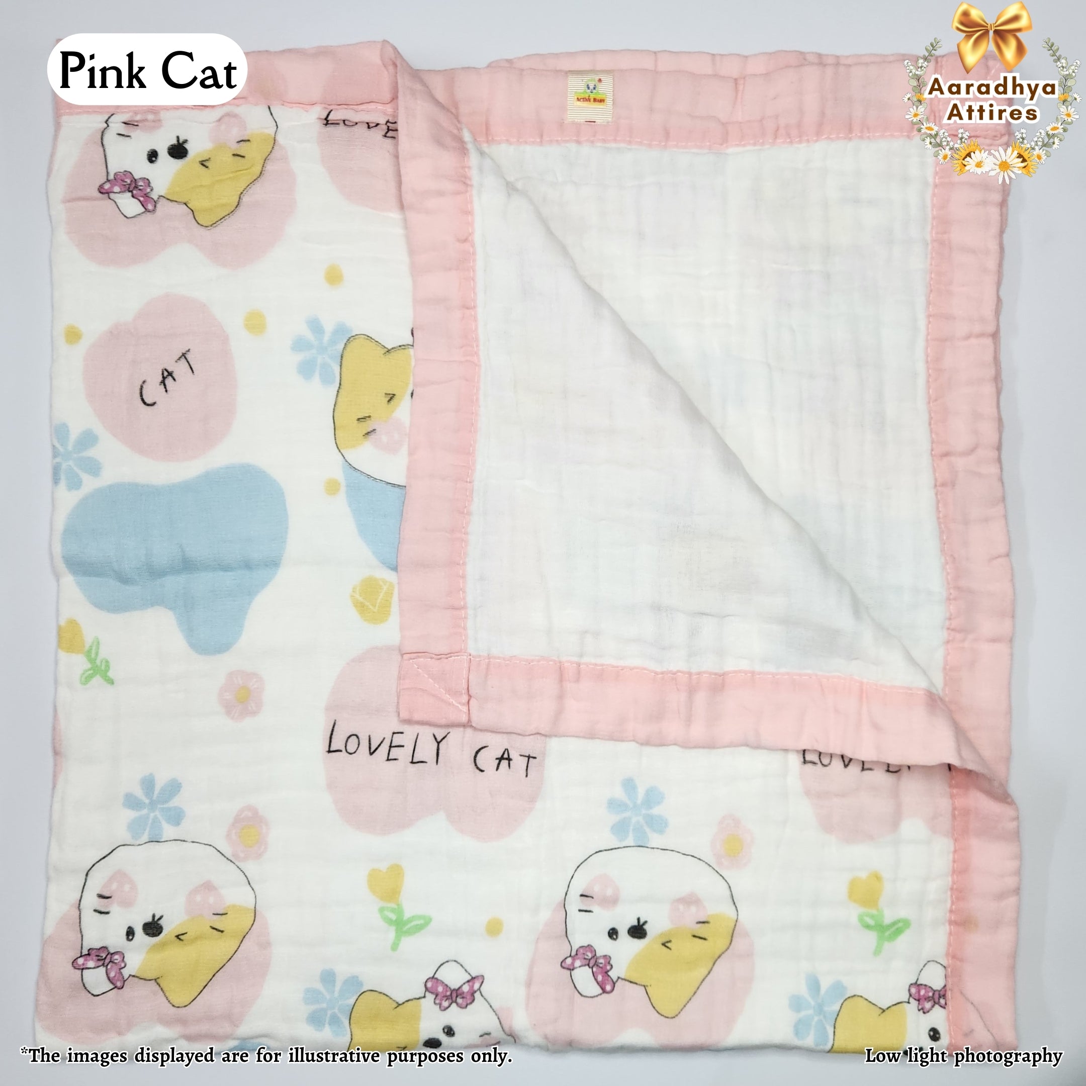 Imported Blanket - Pink Cat -100 x 100 CM (6 Layered Organic Crinkled Muslin Cotton)