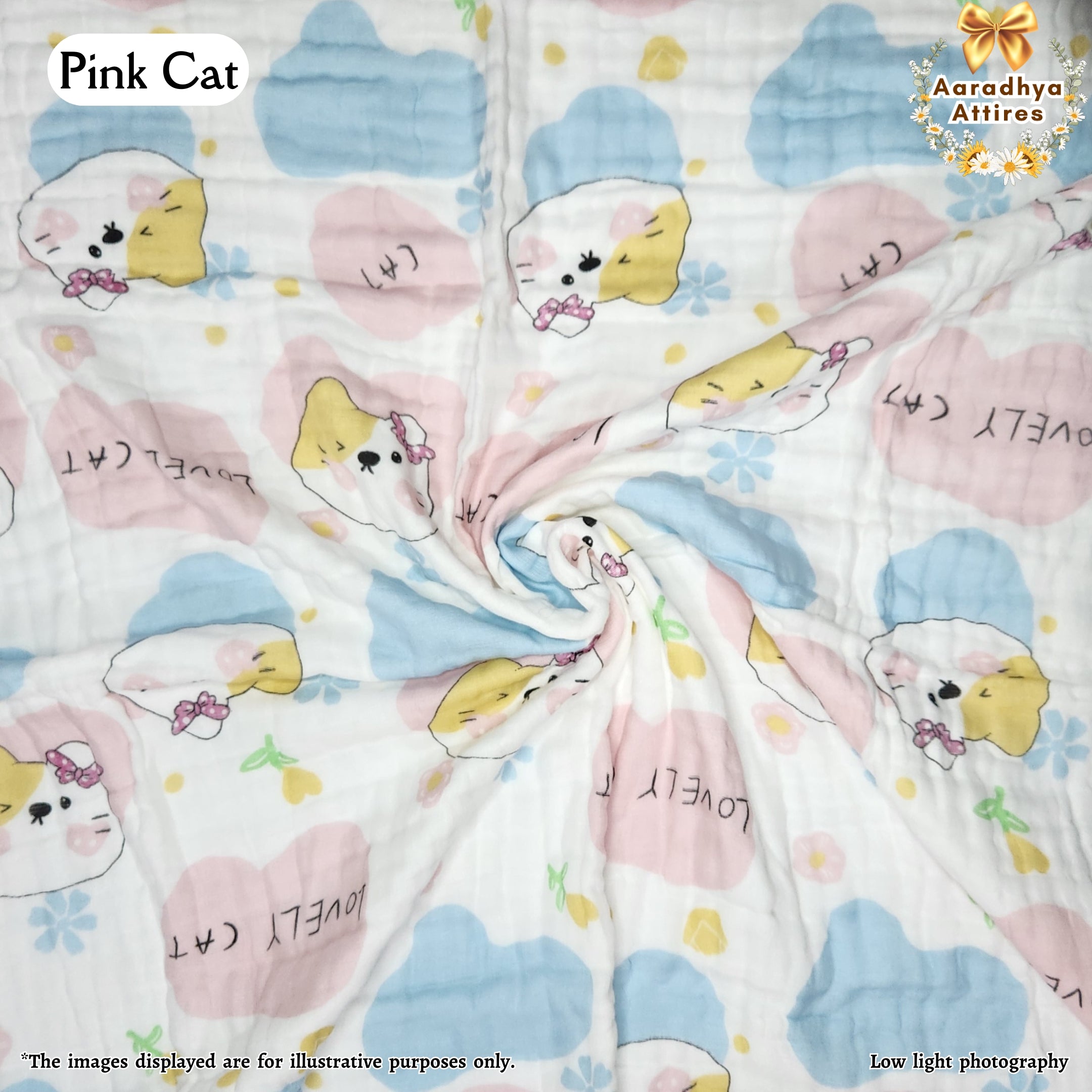 Imported Blanket - Pink Cat -100 x 100 CM (6 Layered Organic Crinkled Muslin Cotton)