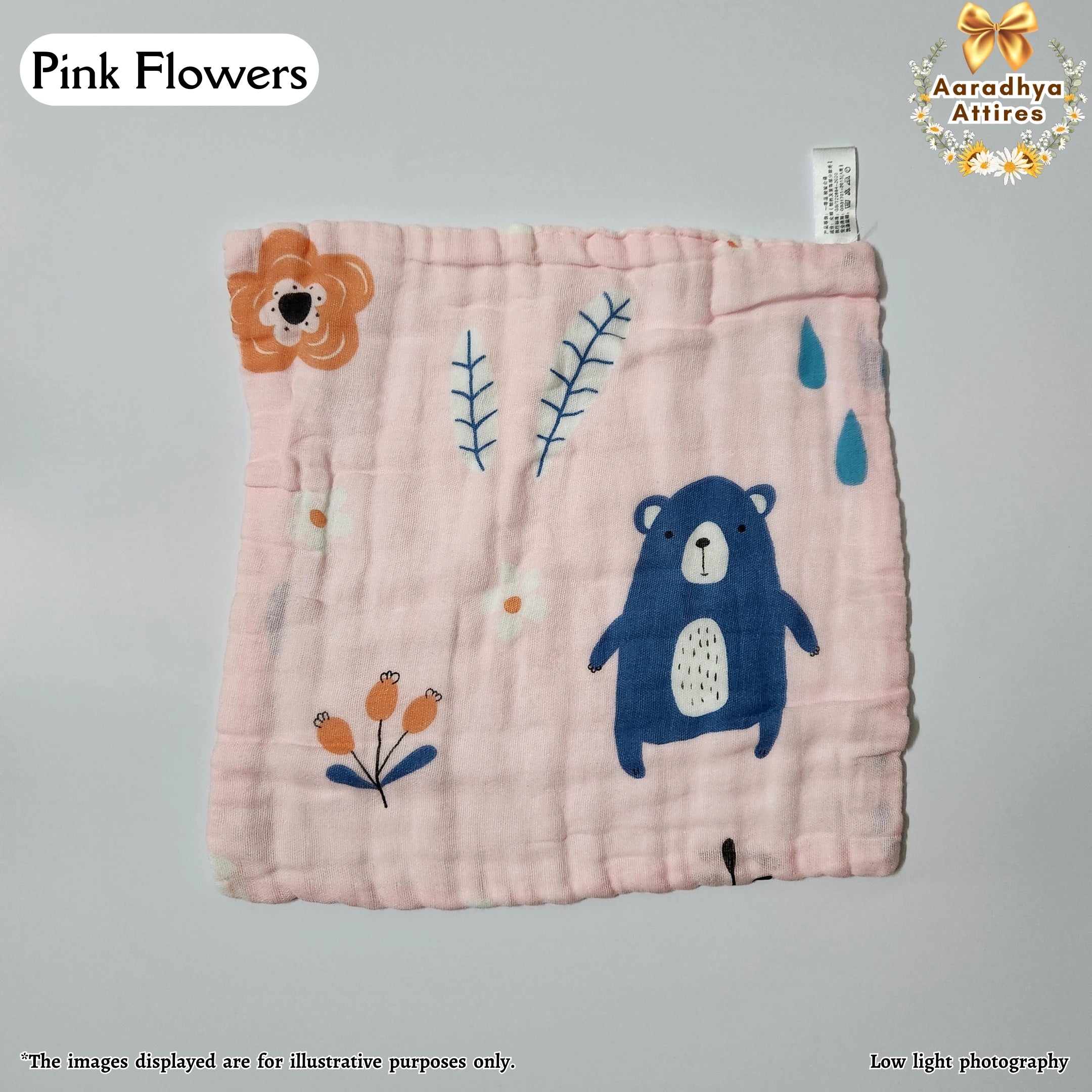 Imported Wipes - Pink Flower - 24cm X 24cm (Multi-Layered Organic Crinkled Muslin Cotton)