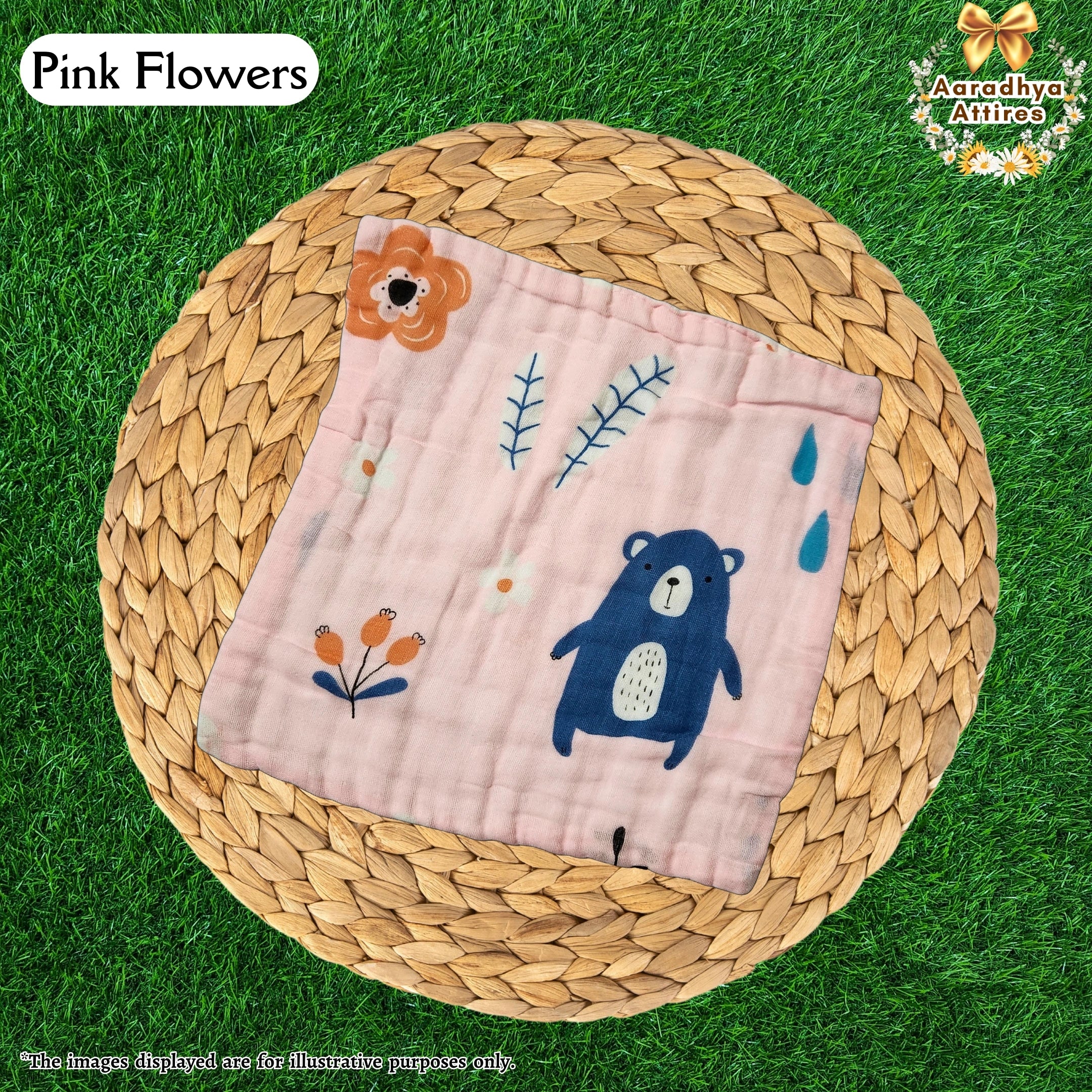 Imported Wipes - Pink Flower - 24cm X 24cm (Multi-Layered Organic Crinkled Muslin Cotton)