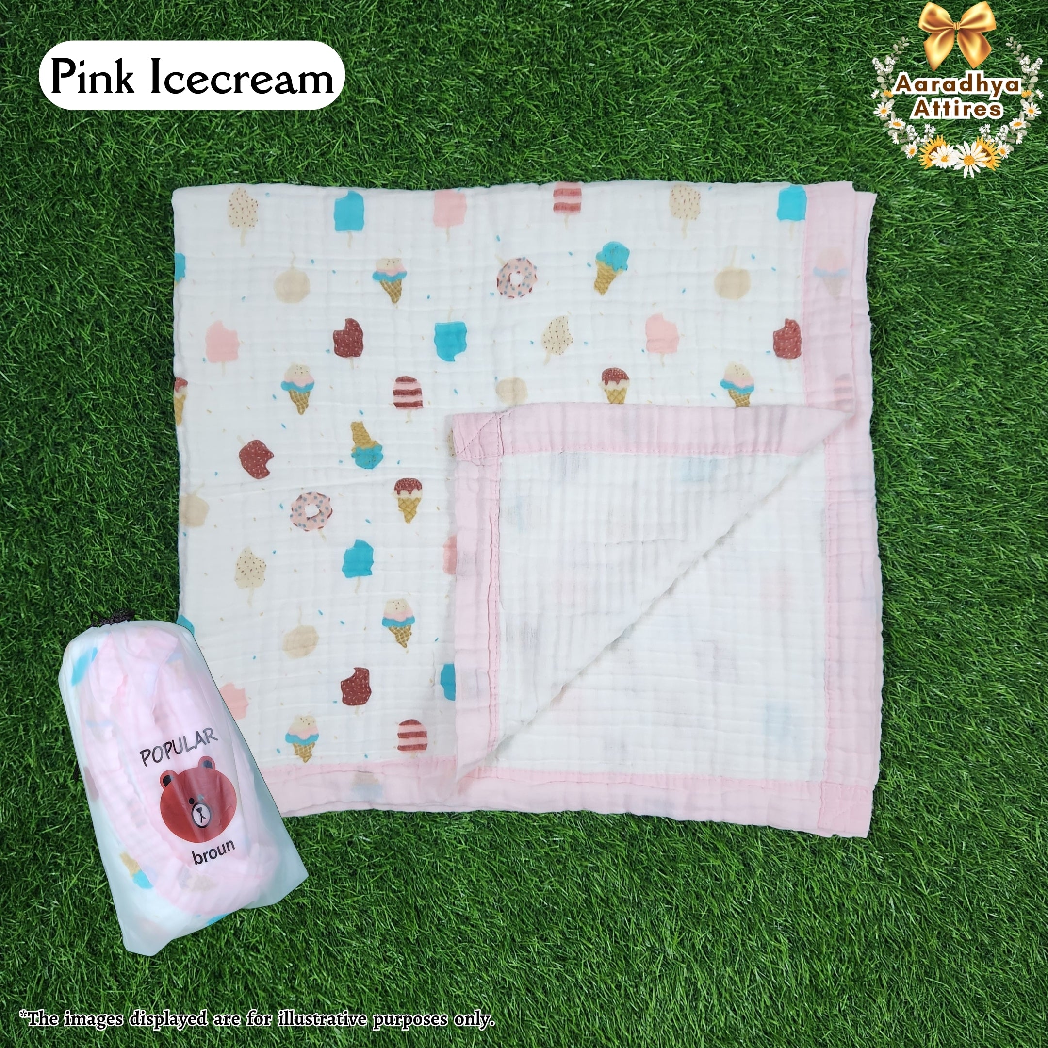 Imported Blanket - Pink IceCream -100 x 100 CM (6 Layered Organic Crinkled Muslin Cotton)