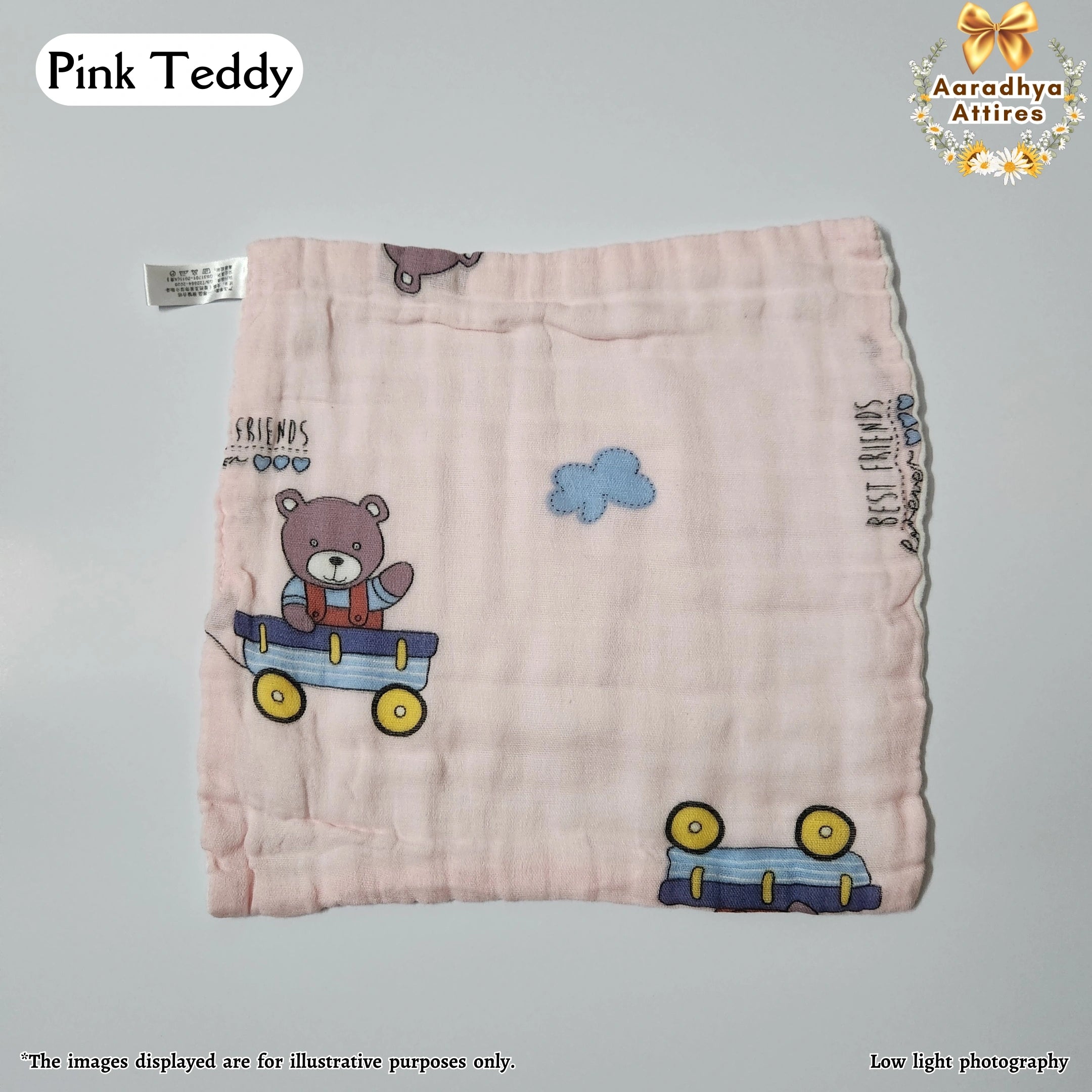 Imported Wipes - Pink Teddy - 24cm X 24cm (Multi-Layered Organic Crinkled Muslin Cotton)