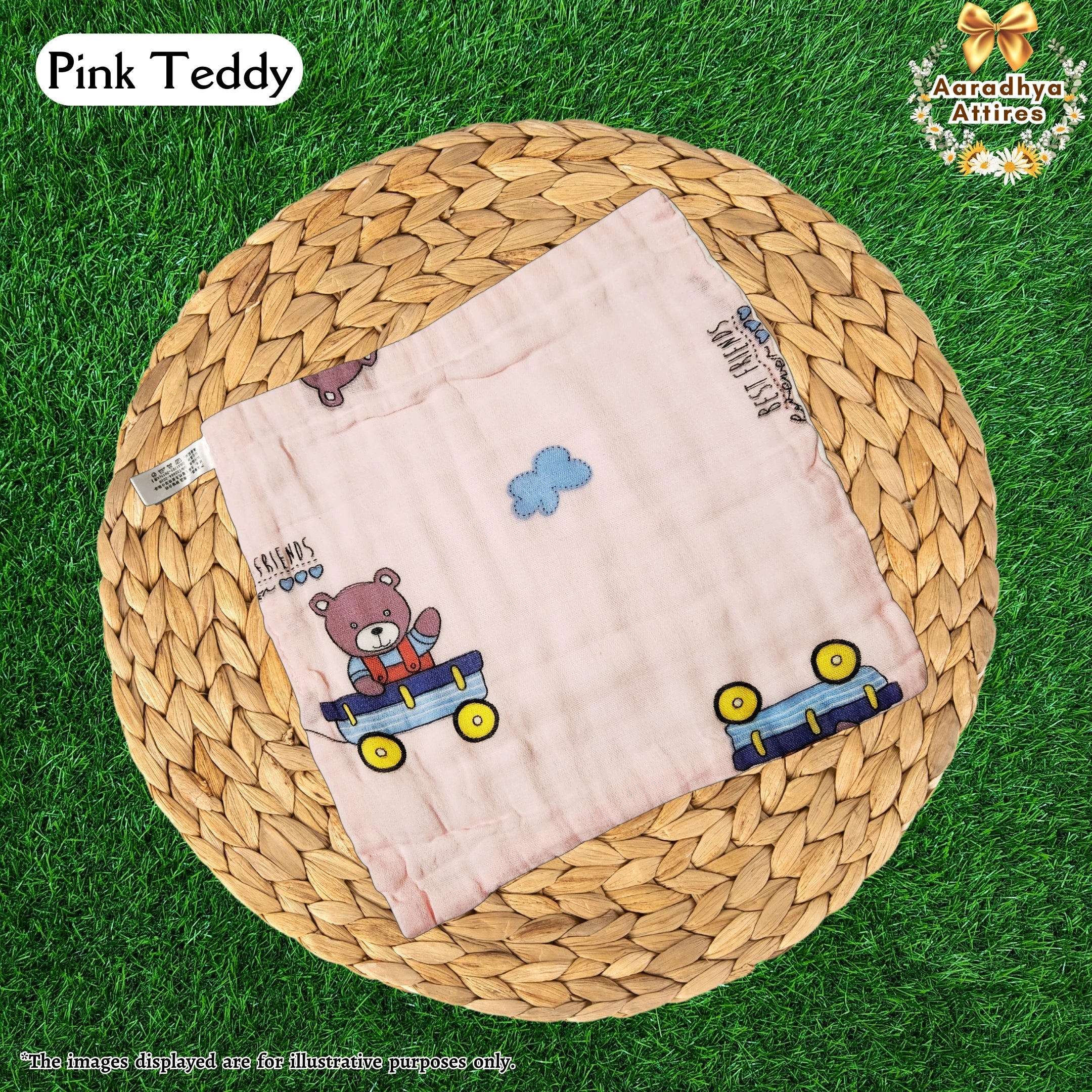 Imported Wipes - Pink Teddy - 24cm X 24cm (Multi-Layered Organic Crinkled Muslin Cotton)
