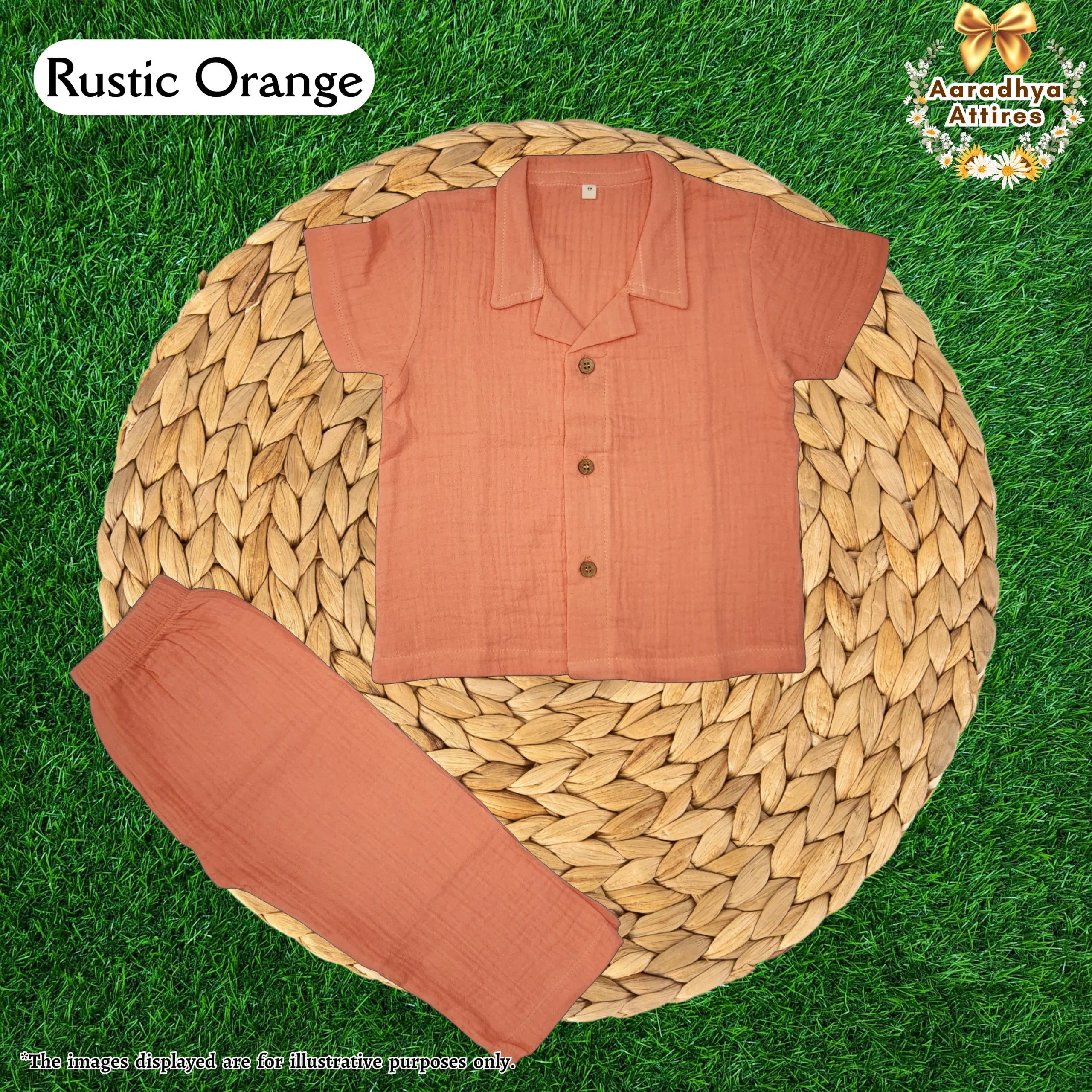 Co-Ord Set Half Sleeve & Pant - Rustic Orange. (Size: 1 Year) (Crinkled Muslin Cotton)
