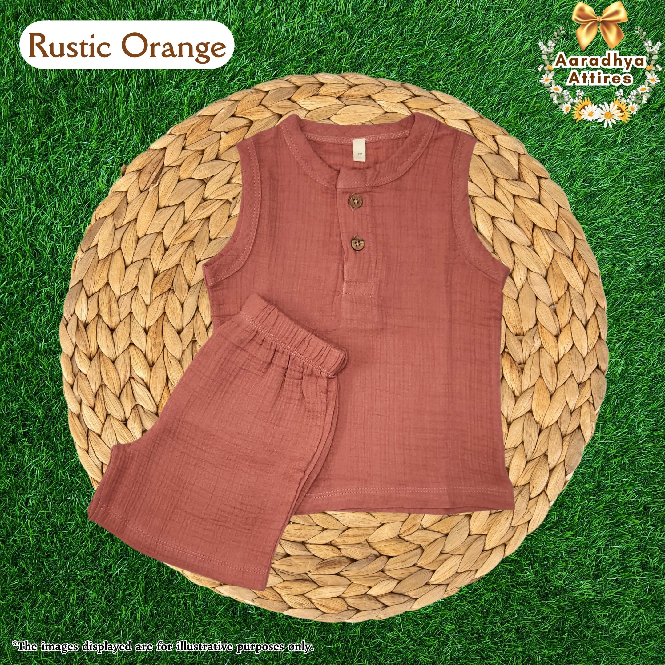 Co-Ord Set Sleeveless & Short - Rustic Orange (Thick Crinkled Muslin Cotton) (Size: 2 year)