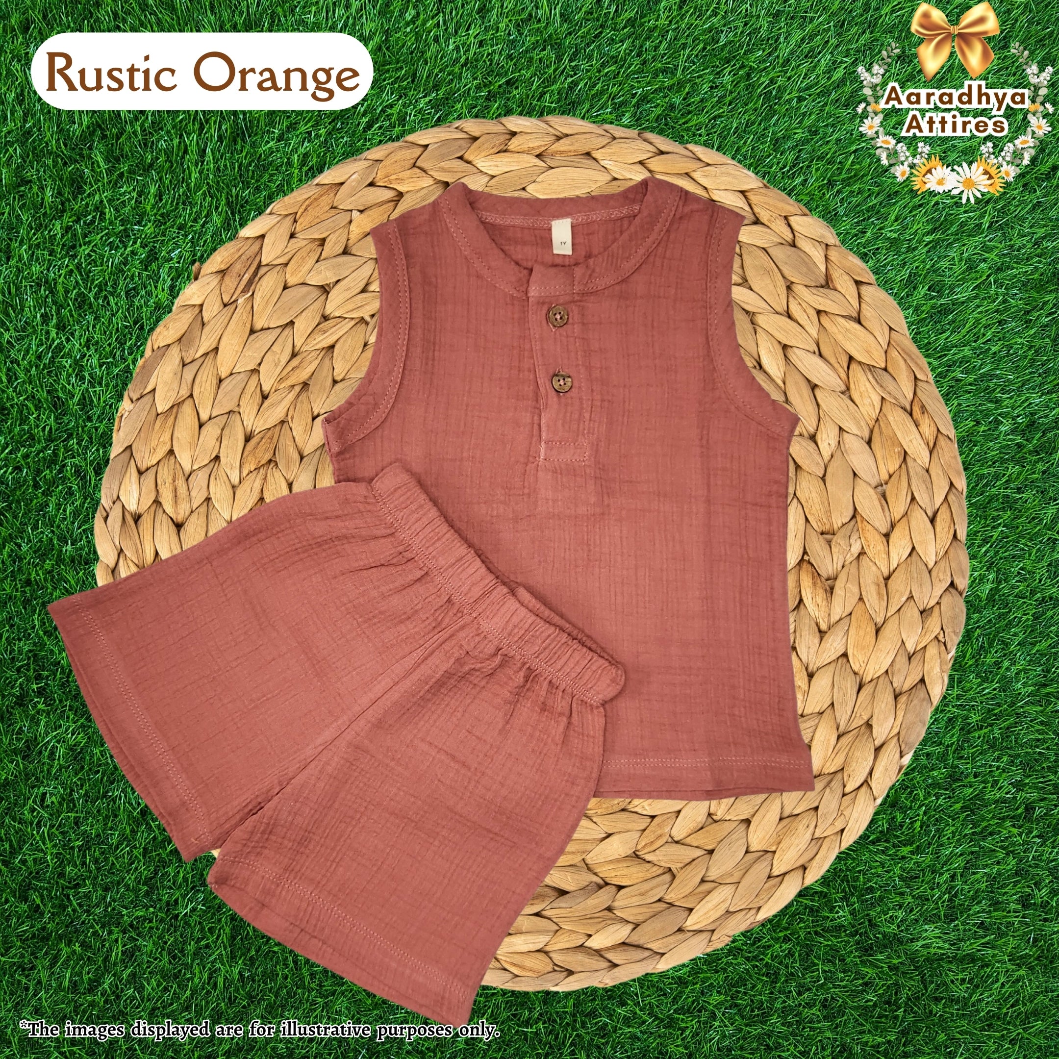 Co-Ord Set Sleeveless & Short - Rustic Orange (Thick Crinkled Muslin Cotton) (Size: 1 year)