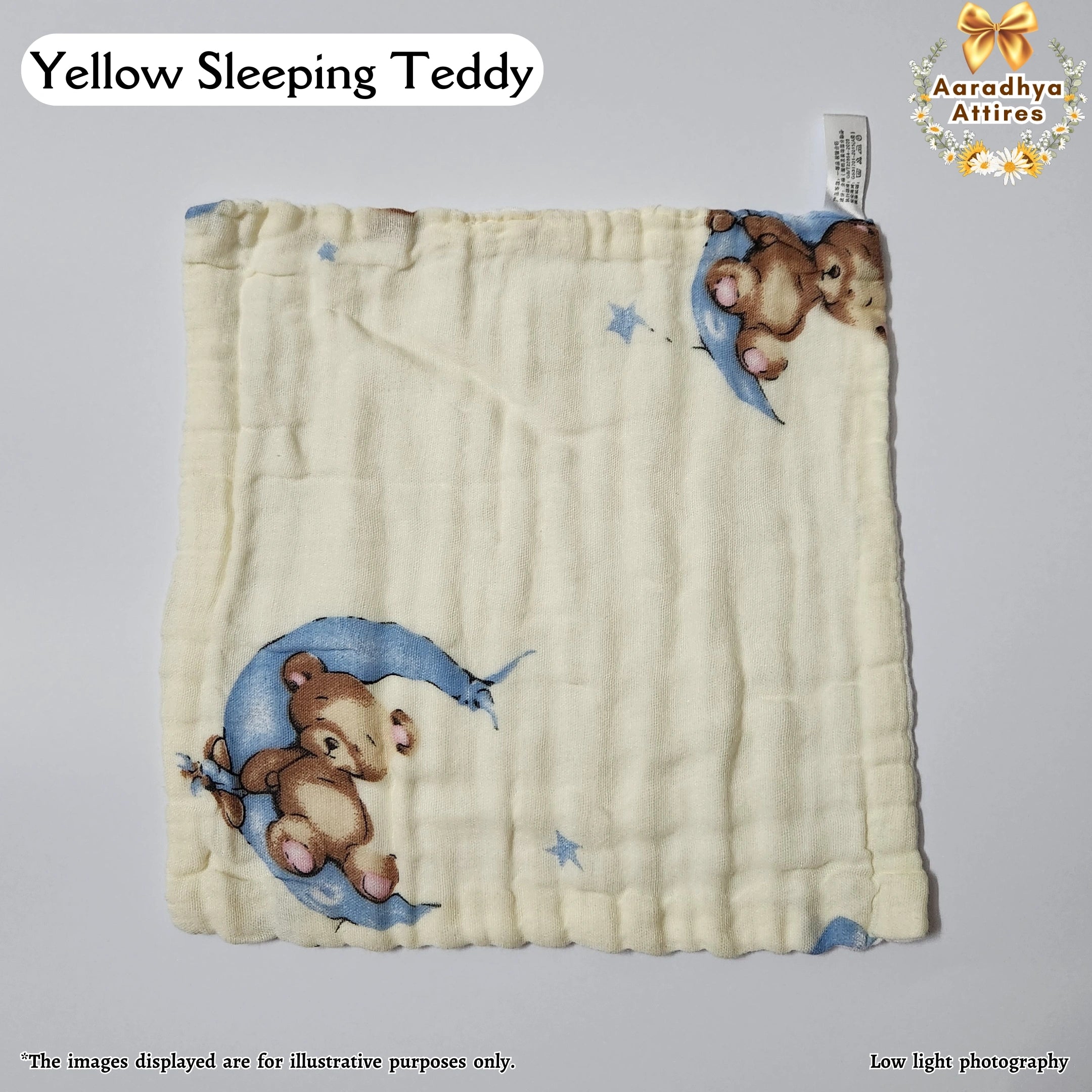 Imported Wipes - Yellow Sleeping Teddy - 24cm X 24cm (Multi-Layered Organic Crinkled Muslin Cotton)