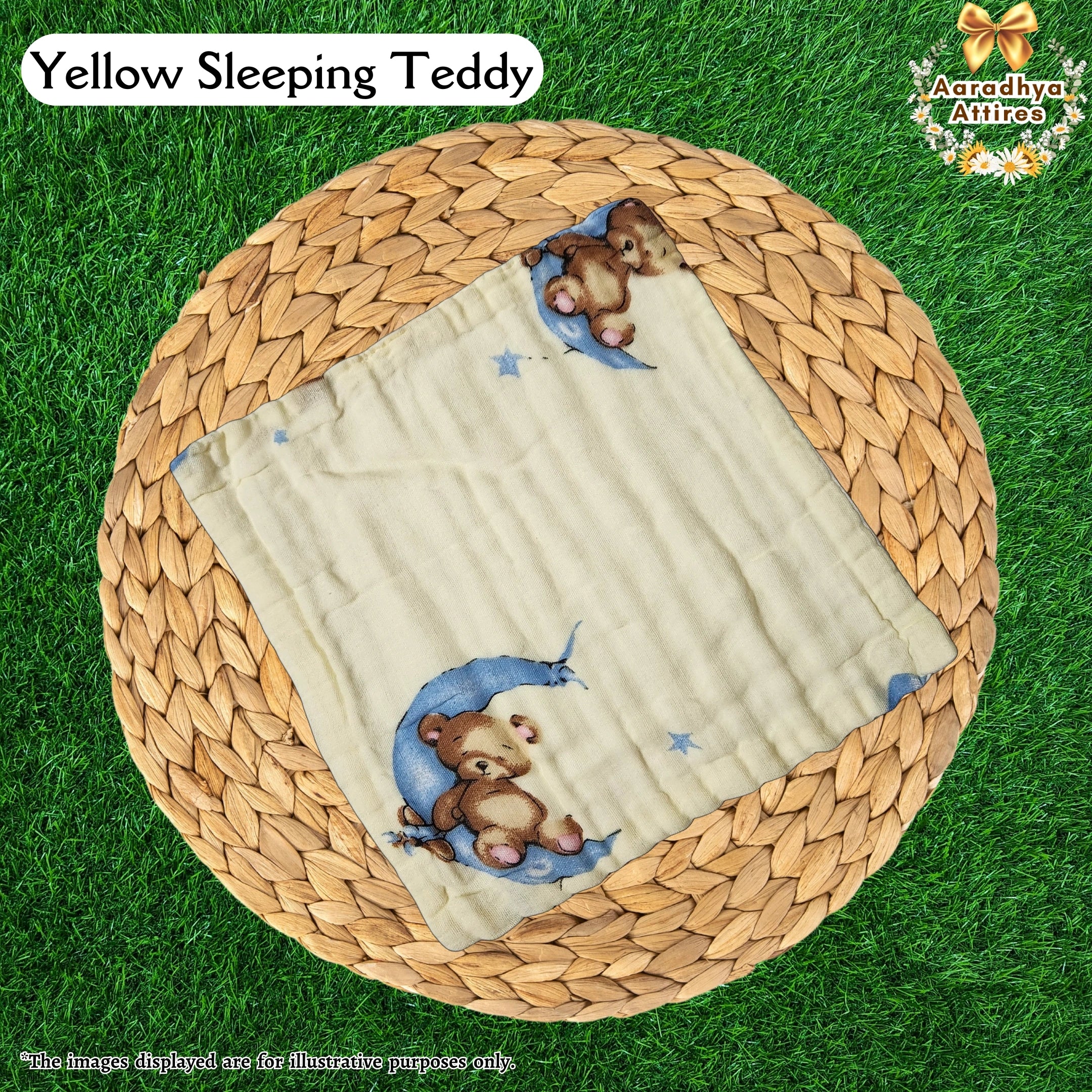 Imported Wipes - Yellow Sleeping Teddy - 24cm X 24cm (Multi-Layered Organic Crinkled Muslin Cotton)